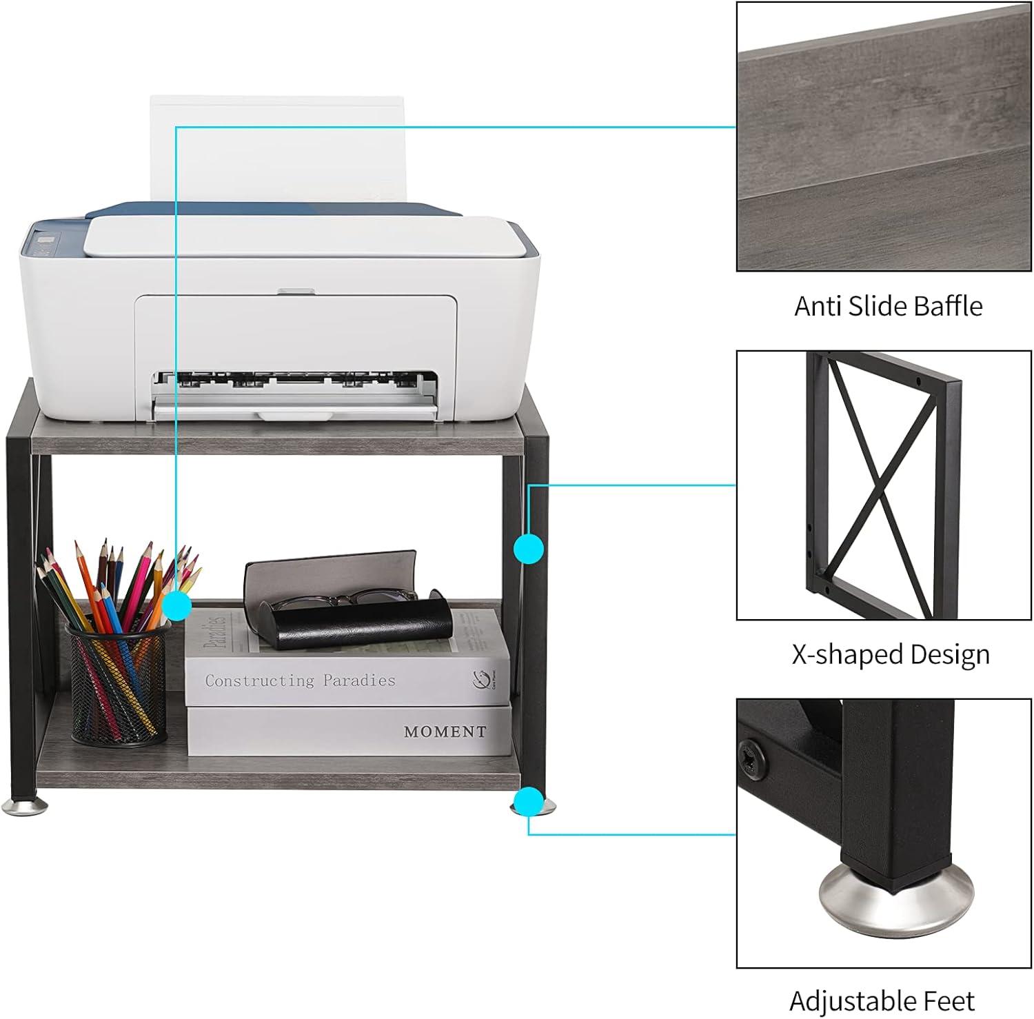 Gray MDF and Metal Two-Tier Desktop Printer Stand