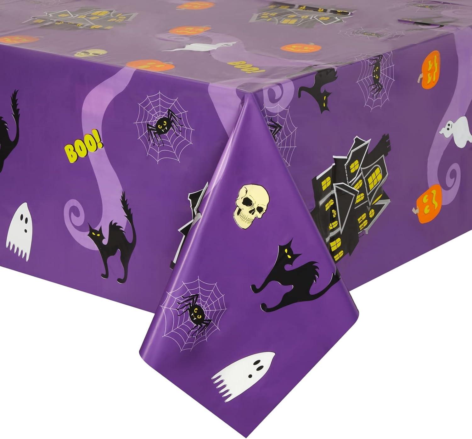 Juvale 3-Pack Halloween Table Cover for Party Supplies, Purple Disposable Plastic Tablecloth Decorations, Halloween Table Decorations for Themed Parties, Birthday Celebrations and More (54 x 108 In)