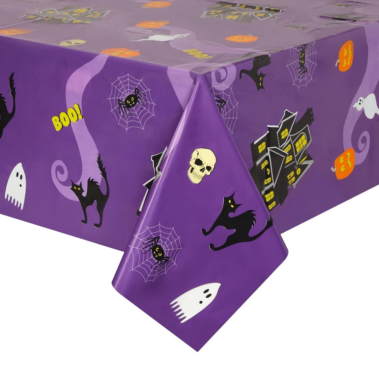 Juvale 3-Pack Halloween Table Cover for Party Supplies, Purple Disposable Plastic Tablecloth Decorations, Halloween Table Decorations for Themed Parties, Birthday Celebrations and More (54 x 108 In)