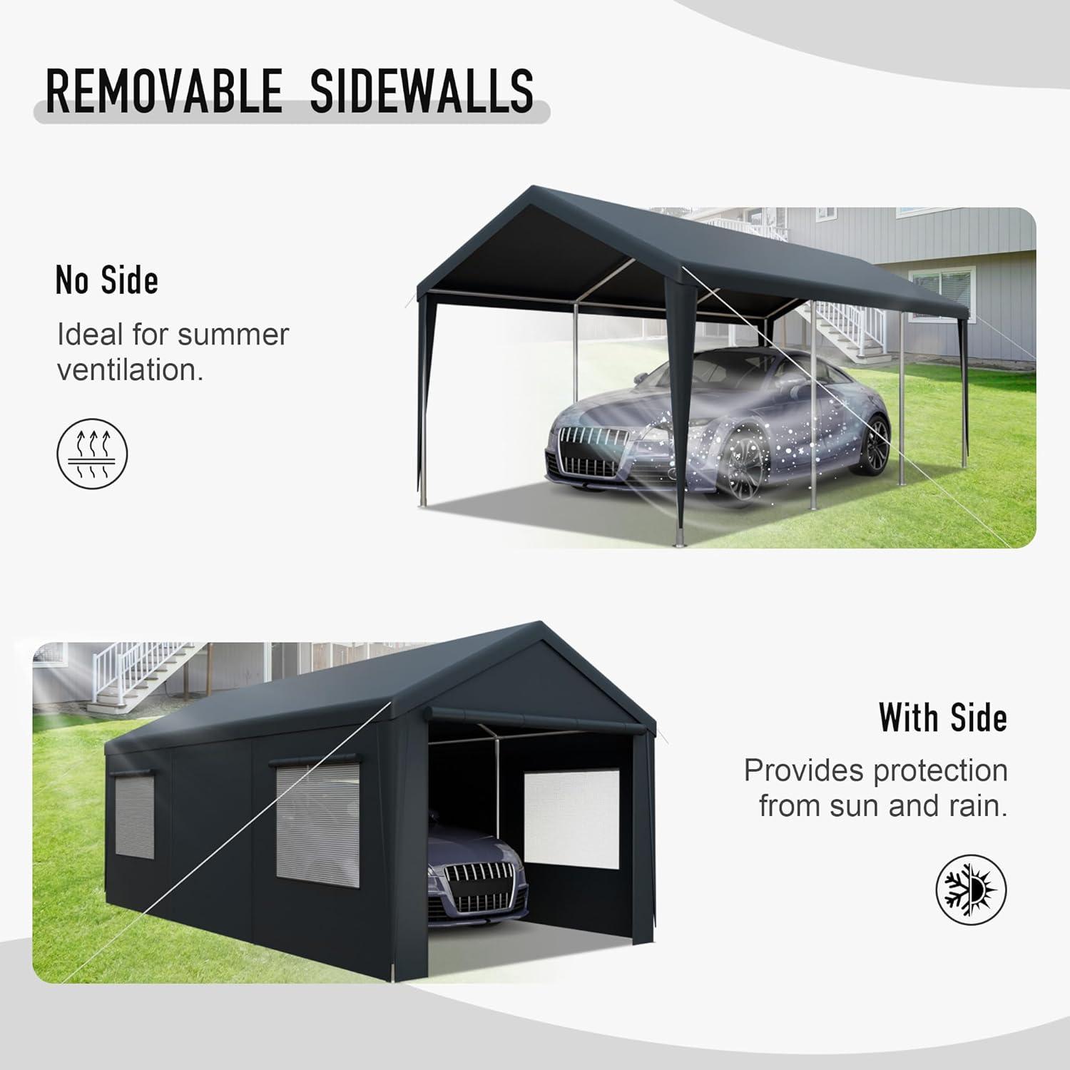 10x20ft Carport Portable Garage, Heavy Duty Carport Canopy with 2 Rolling Doors and 4 Ventilation Windows for Cars, Trucks, Boats, Garden Tools