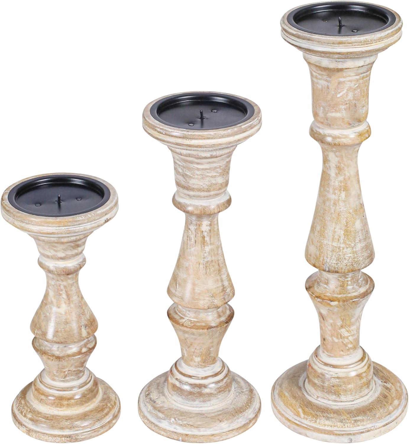 DecMode Traditional and Timeless Mango Wood Pillar Candle Holder Set of 3, 6", 8", 10"H, Cream Finish