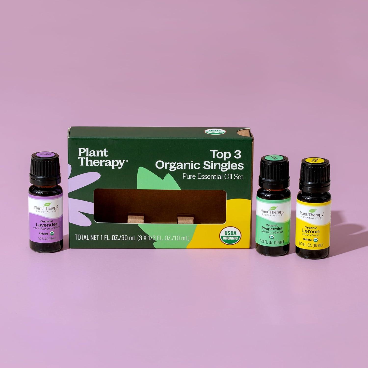 Plant Therapy Top 3 Organic Singles Set 10 mL (1/3 oz) Lemon, Lavender & Peppermint 100% Pure, Undiluted, Natural Aromatherapy