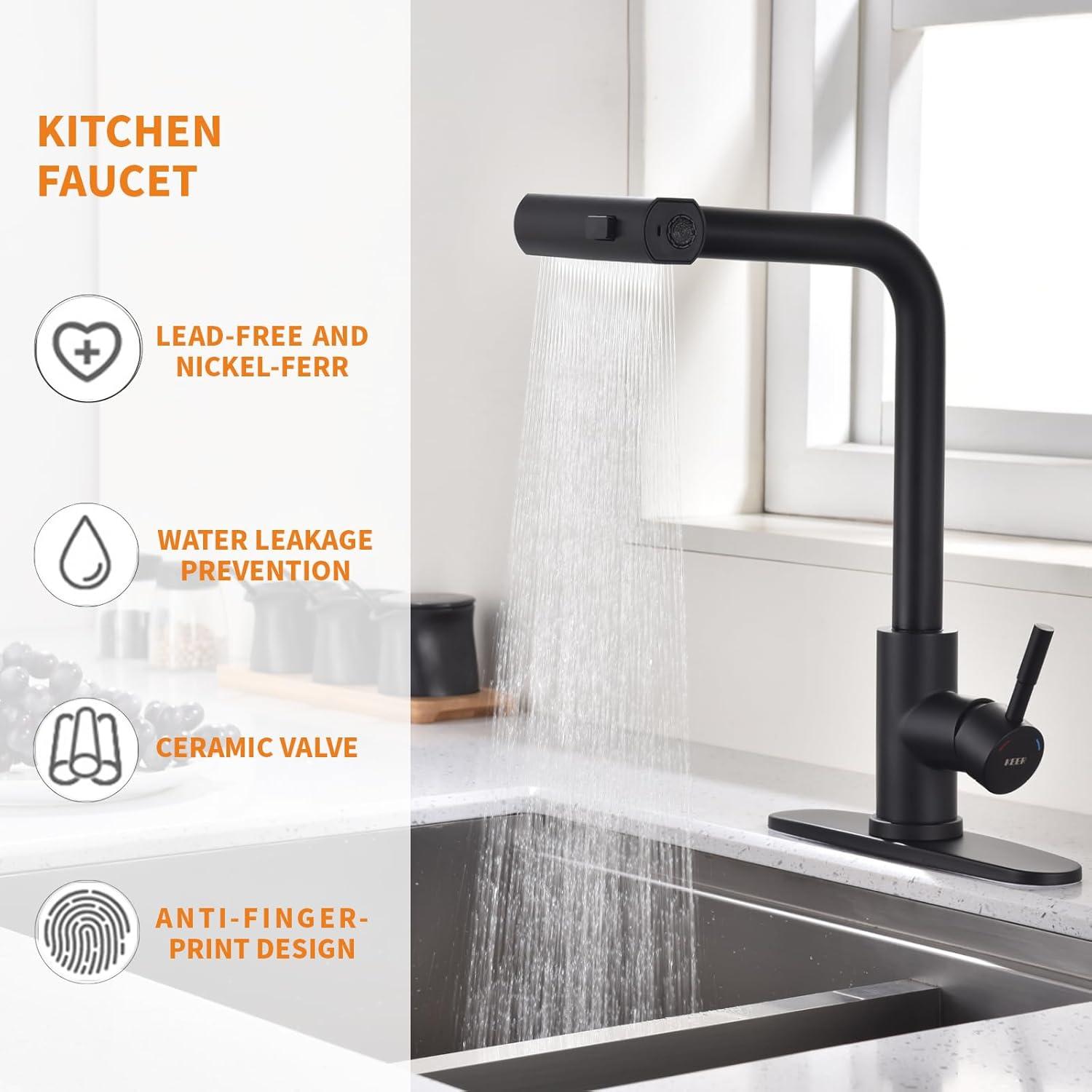 Matte Black Stainless Steel Pull Down Kitchen Faucet with Soap Dispenser