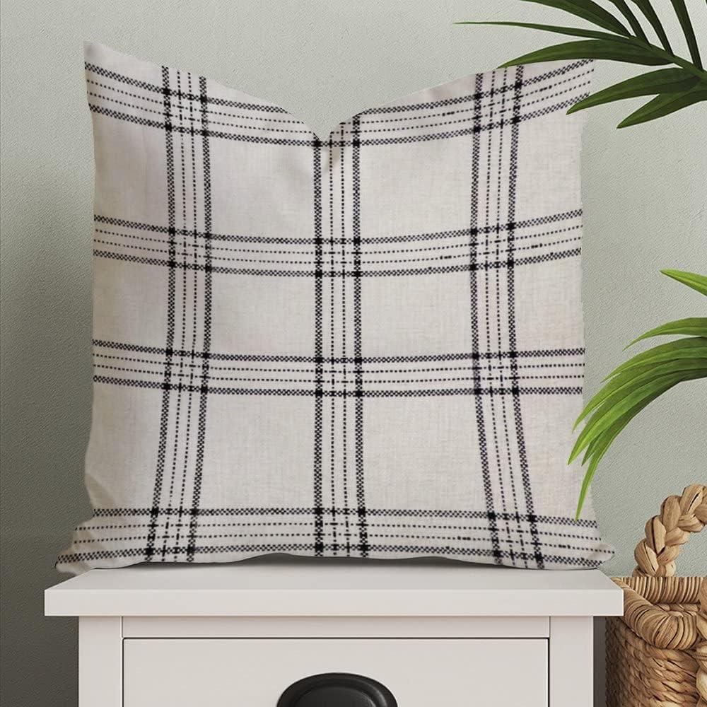 Natural and Black Plaid Cotton Throw Pillow Cover 18x18 Inch
