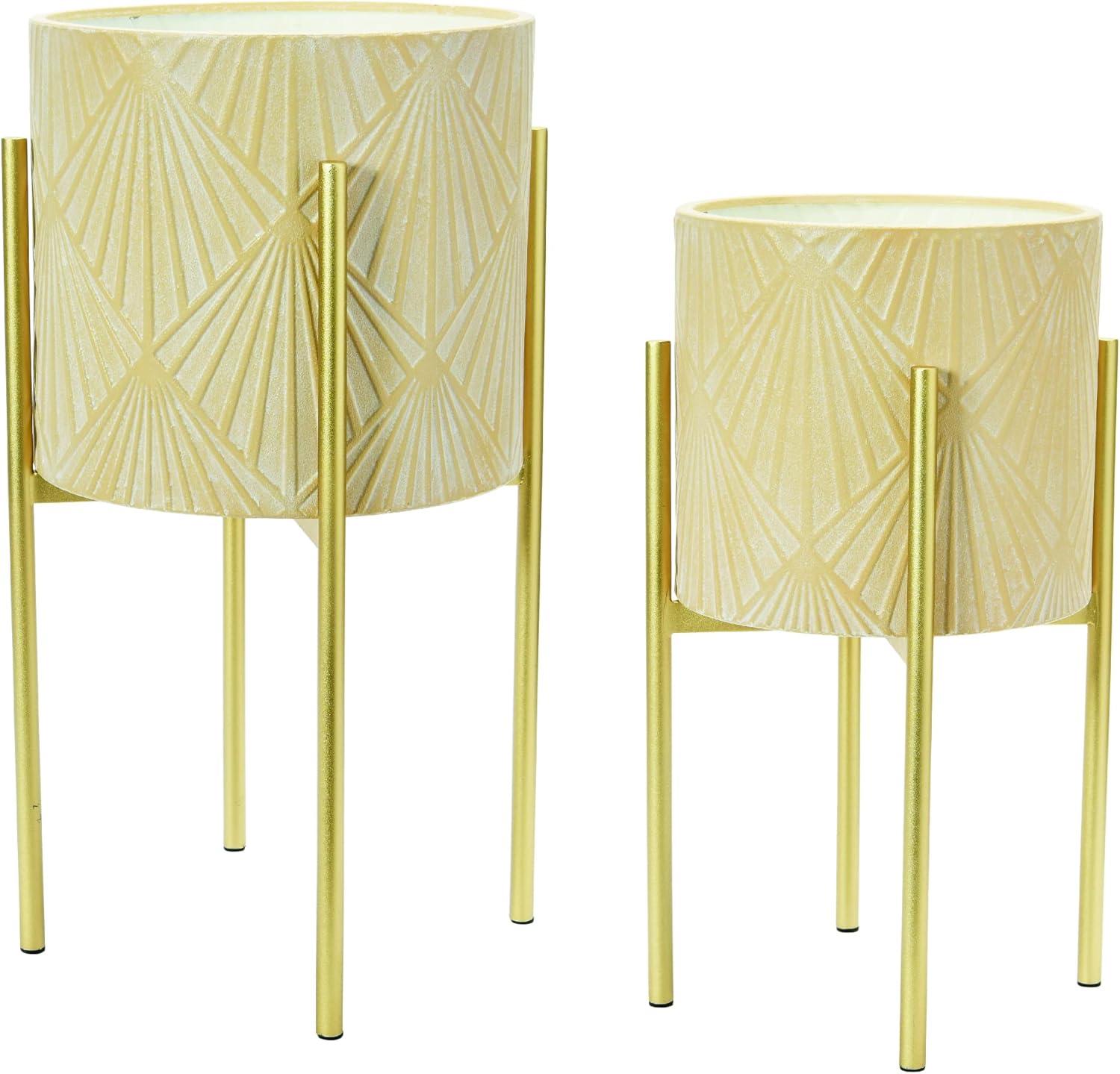 Main + Mesa Modern Boho Embossed Metal Planters with Stands, Cream and Gold, Set of 2 Sizes