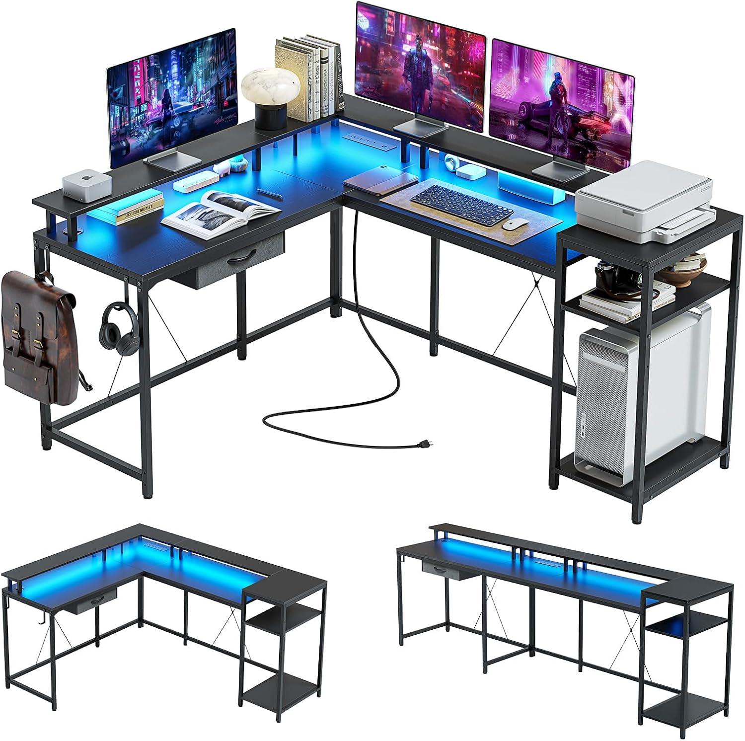 Jojoka Reversible 68" L Shaped Gaming Desk With LED Light Strip & Power Outlets,Office Corner Computer PC Home Desk With Storage Shelf,Monitor Stand & File Drawer,Two Person Desk,Workstation,Black