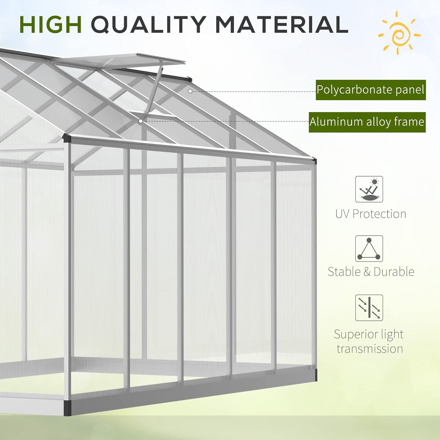 Outsunny Walk-In Polycarbonate Greenhouse with Roof Vent for Ventilation & Rain Gutter, Hobby Greenhouse for Winter