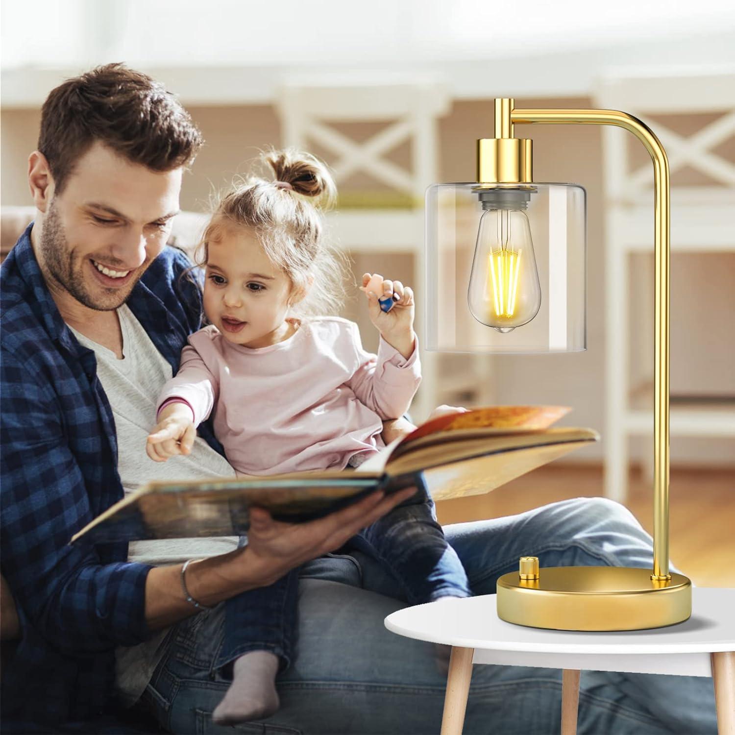 【Upgraded】Set of 2 Industrial Table Lamps with 2 USB Port, Fully Stepless Dimmable Bedside Lamps for Bedroom, Nightstand Desk Lamps with Glass Shade for Bedroom Living Room Office 2 LED Bulb Included