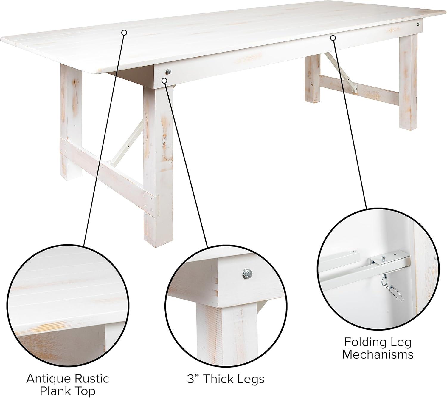 Flash Furniture HERCULES Series 9' x 40" Rectangular Antique Rustic White Solid Pine Folding Farm Table