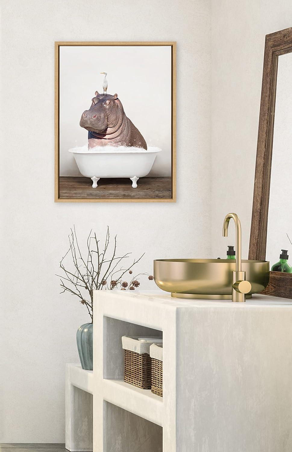 Kate and Laurel Sylvie Hippo and Bird in Rustic Bath Framed Canvas by Amy Peterson Art Studio, 18x24, Natural