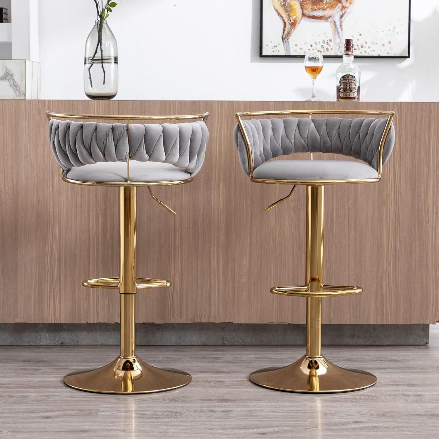 Velvet Bar Stools Set of 2, Counter Height Bar Stools with Low Back, Gold Swivel Barstools for Kitchen Island, Bar Pub (Grey)