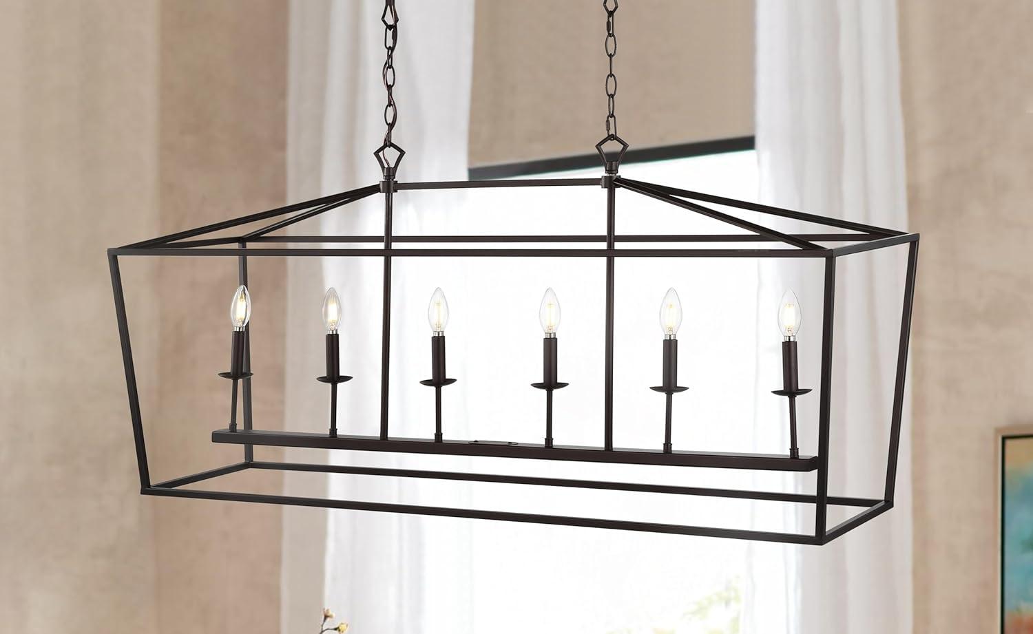 Pagoda 49" Linear 6-Bulb Lantern Metal LED Pendant, Oil Rubbed Bronze