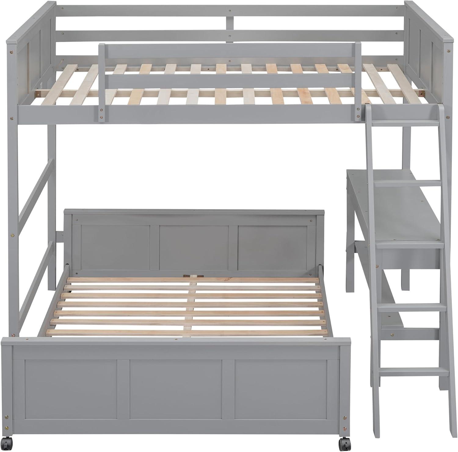 Gray Full Over Full Pine Wood Bunk Bed with Desk and Drawers