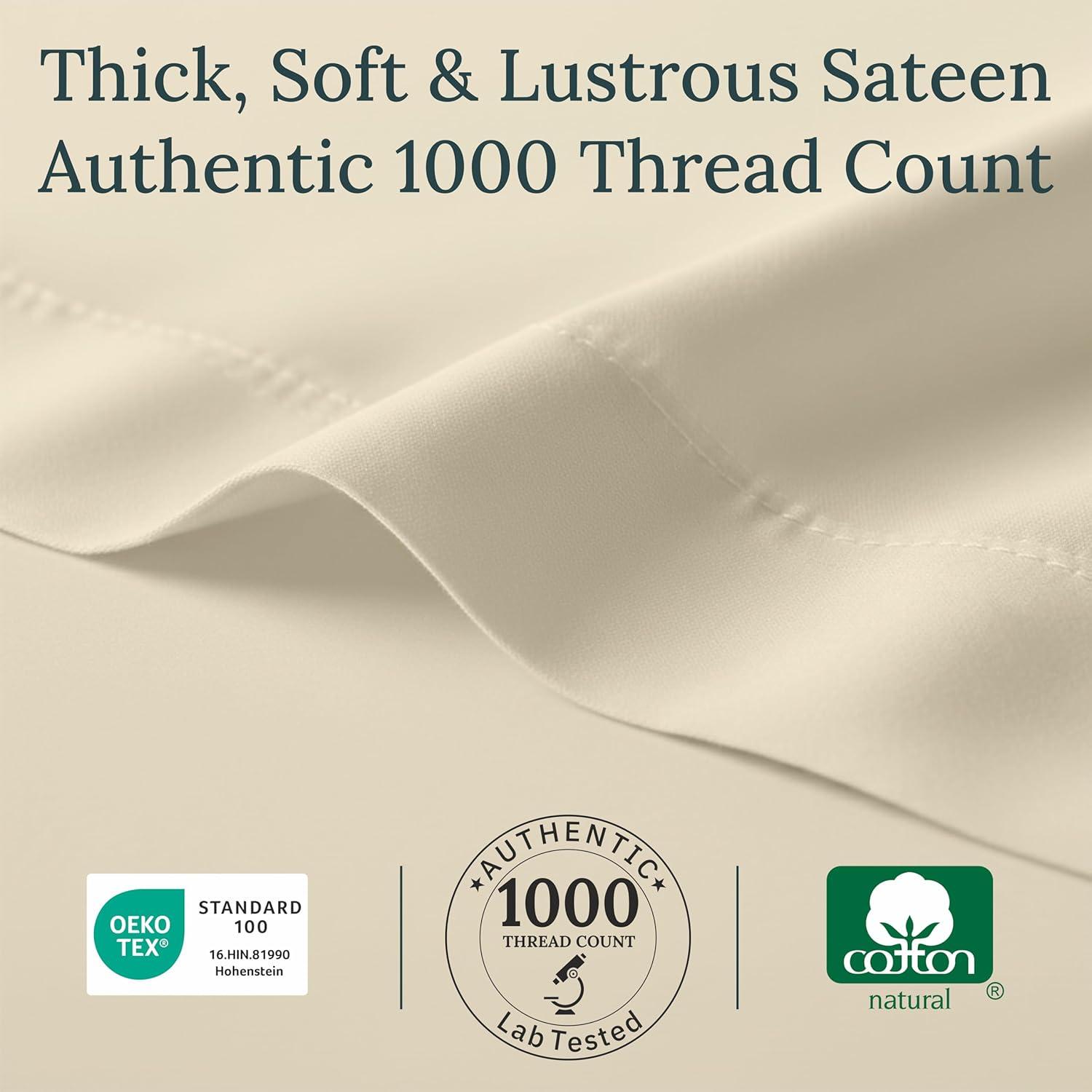 Luxury 1000 Thread Count Bed Sheets Set - 100% Cotton Sateen - Soft, Thick & Deep Pocket by California Design Den - Ivory, King