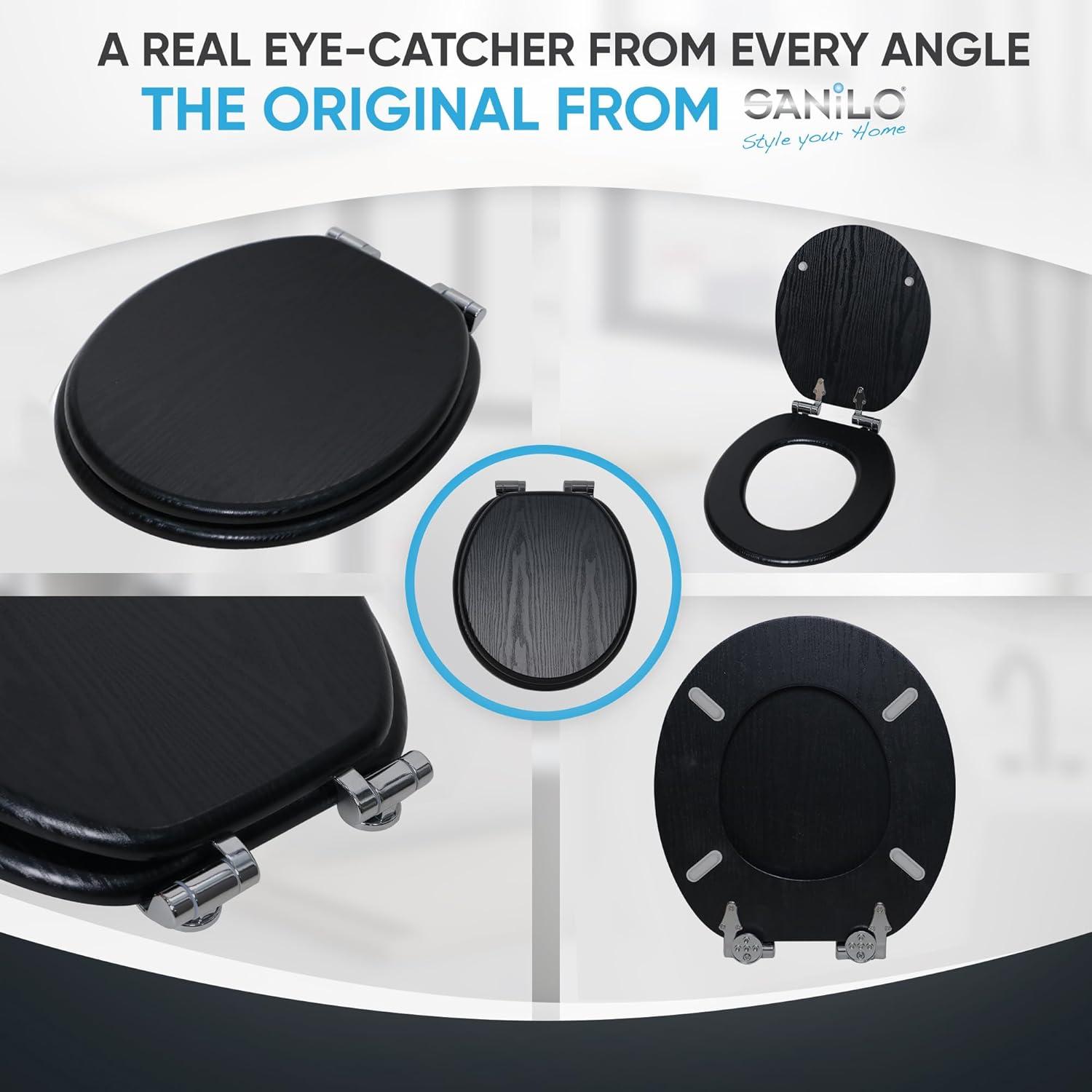 Sanilo Soft Close Toilet Seat ROUND, Quiet and Slow Close Lid and Seat, Strong Bumpers and Hinges, Black Wood