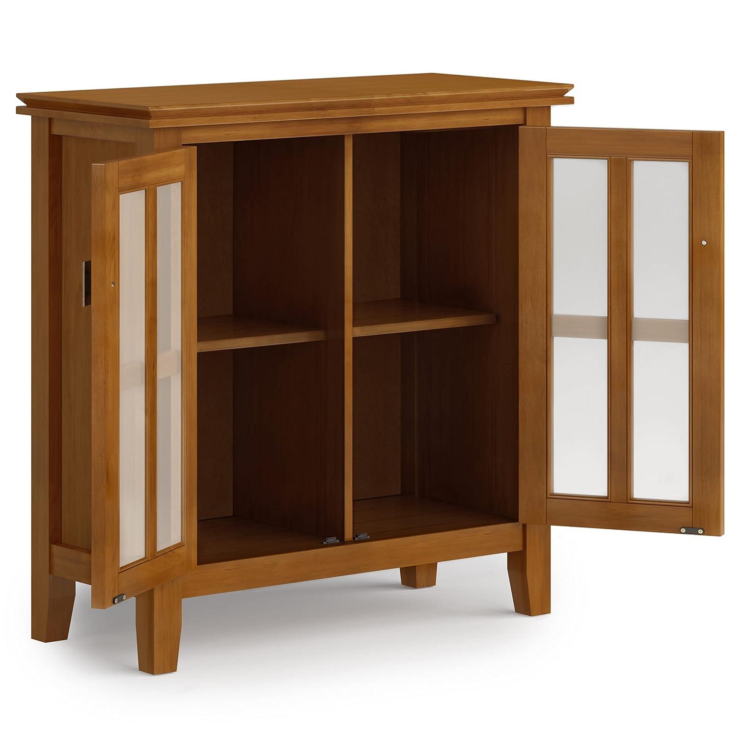 Simpli Home Artisan 30"W Solid Wood 2-Shelf Low Storage Cabinet with Glass Doors and Adjustable Shelves
