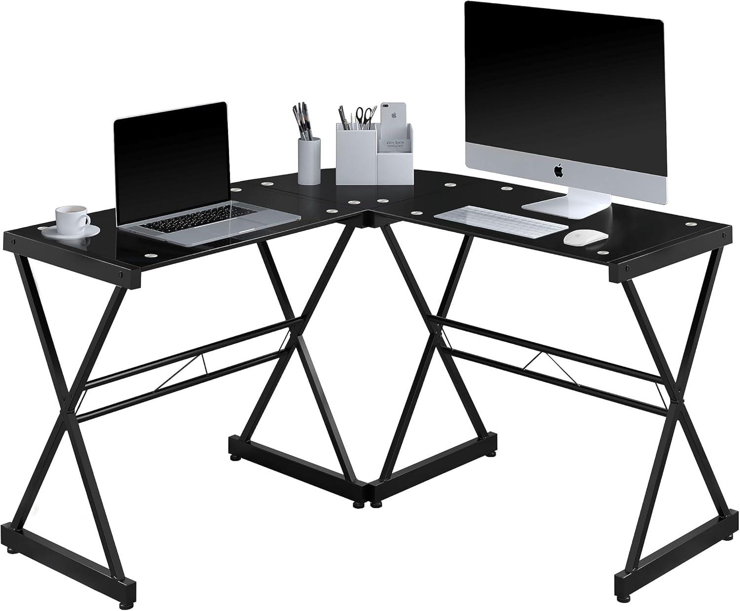 L Shaped Glass Computer Desk Black - Techni Mobili: Modern Office, Tempered Top, Steel Frame, Open Storage Shelf