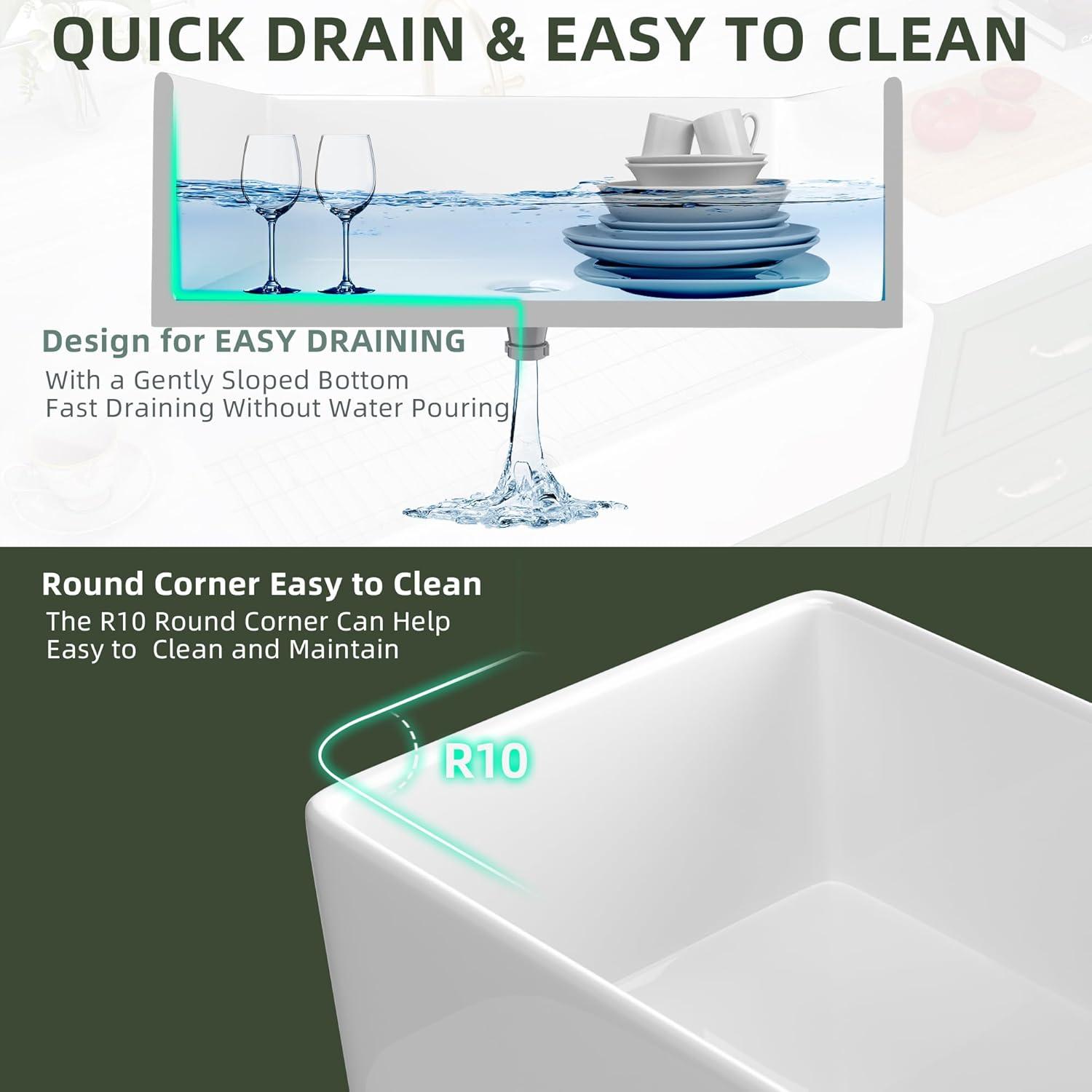 TUKTUK White Farmhouse Sink 36 inch Fireclay Farm Sink Apron Front Single Bowl Kitchen Sinks Deep Large Capacity Porcelain Ceramic Sink Undermount Luxury Bottom Grid & Strainer Drain Included