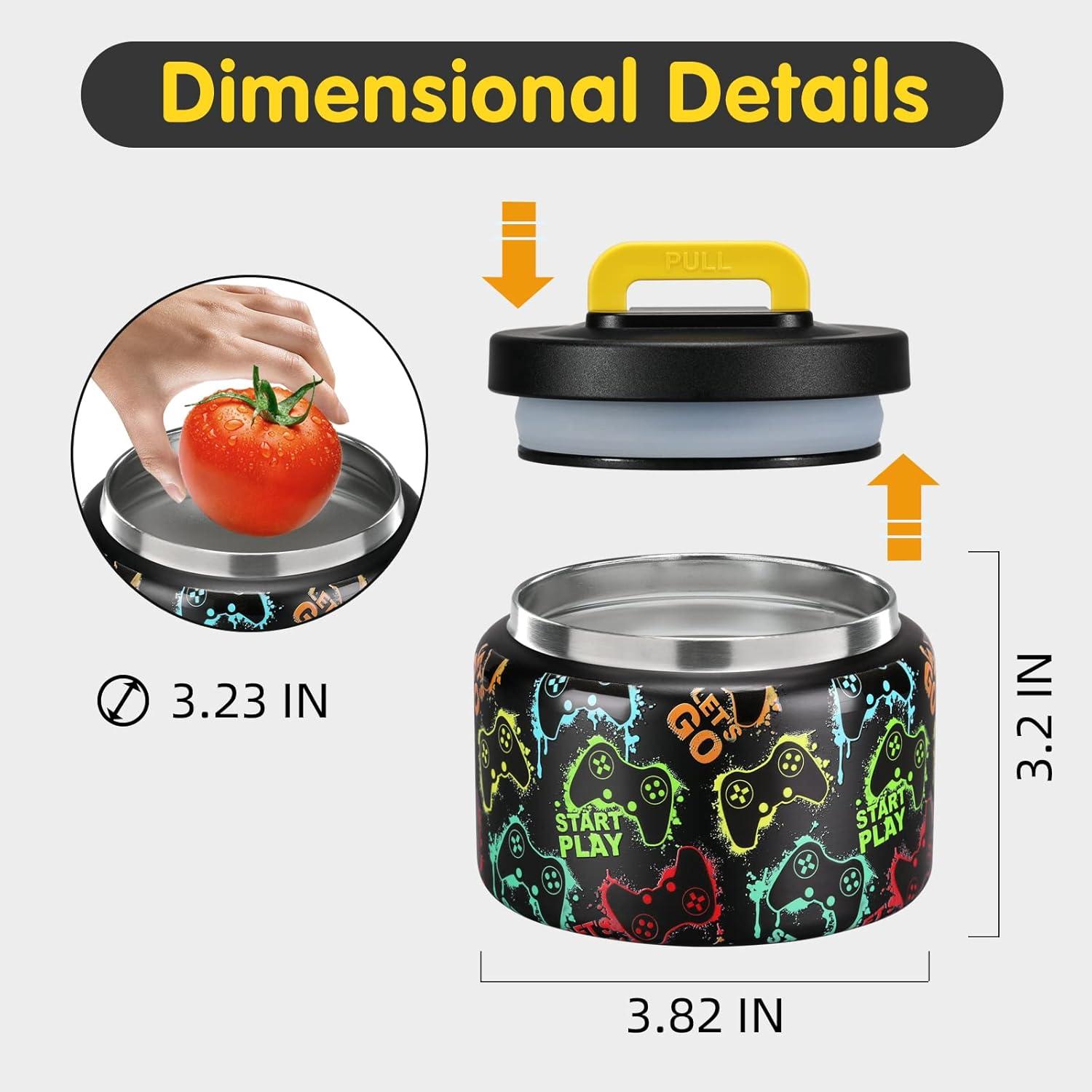 Bento Lunch Box for Kids With 8oz Soup thermo,Leak-proof Lunch Containers with 5 Compartment,thermo Food Jar and Lunch Bag, Food Containers for School (A-Black(Game Consoley))