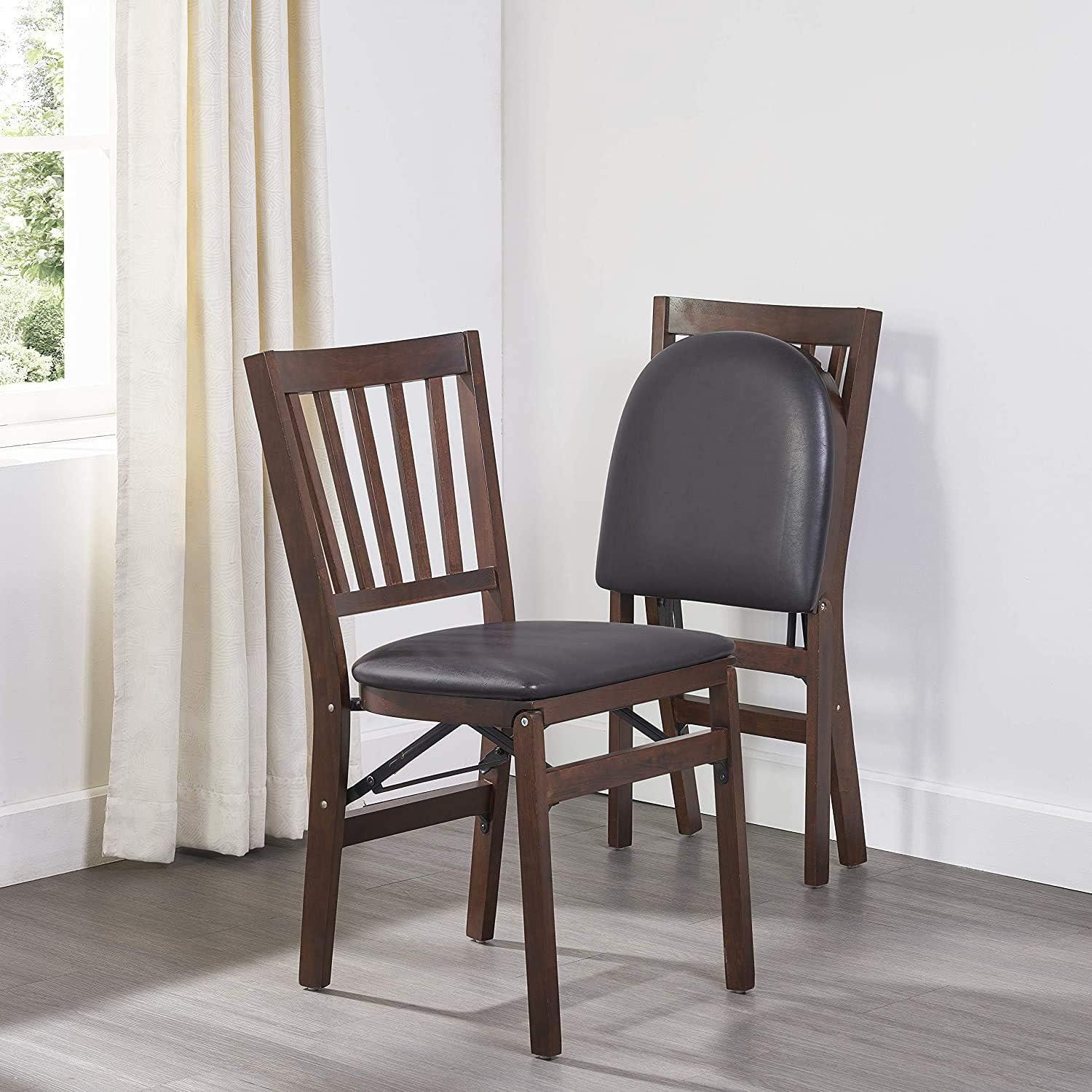 Espresso Wood Folding Chair with Black Upholstered Seat, Set of 2