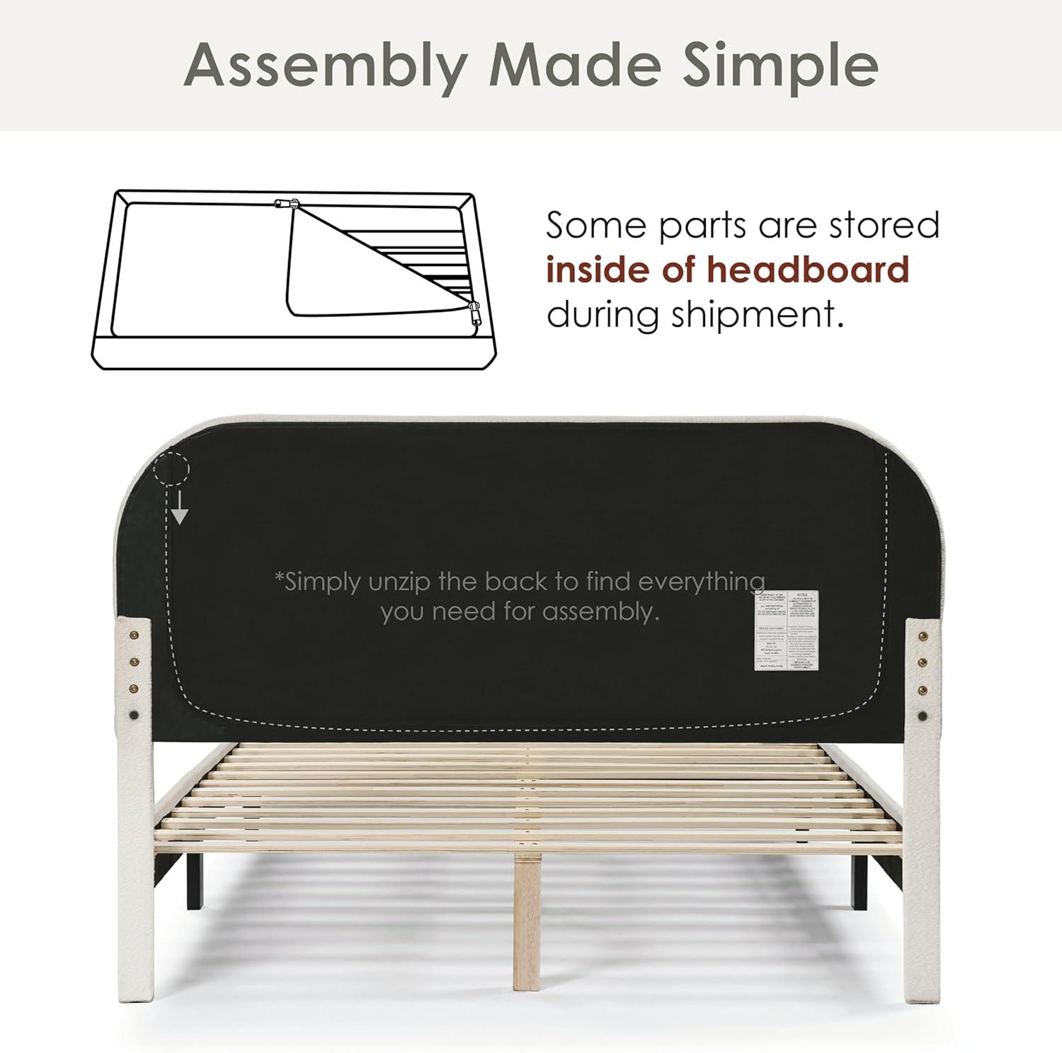 24/7 Shop At Home Queen Heartwild Modern Boucle Upholstered Rounded Platform Bed White: Padded Headboard, No Box Spring Required