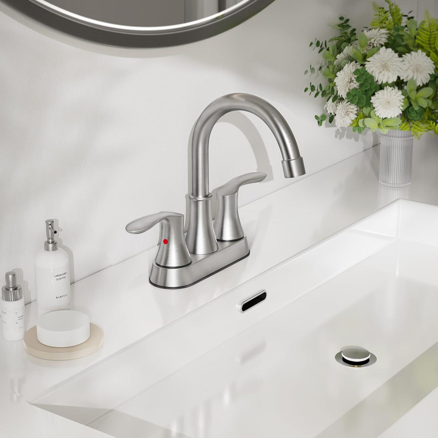 Phiestina 4 Inch 2 or 3 Hole Brushed Nickel Bathroom Sink Faucet RV Swivel 2 Handle Centerset Bath Vanity Faucet, with Water Supply line & Metal Pop-up Drain,TY36-BN