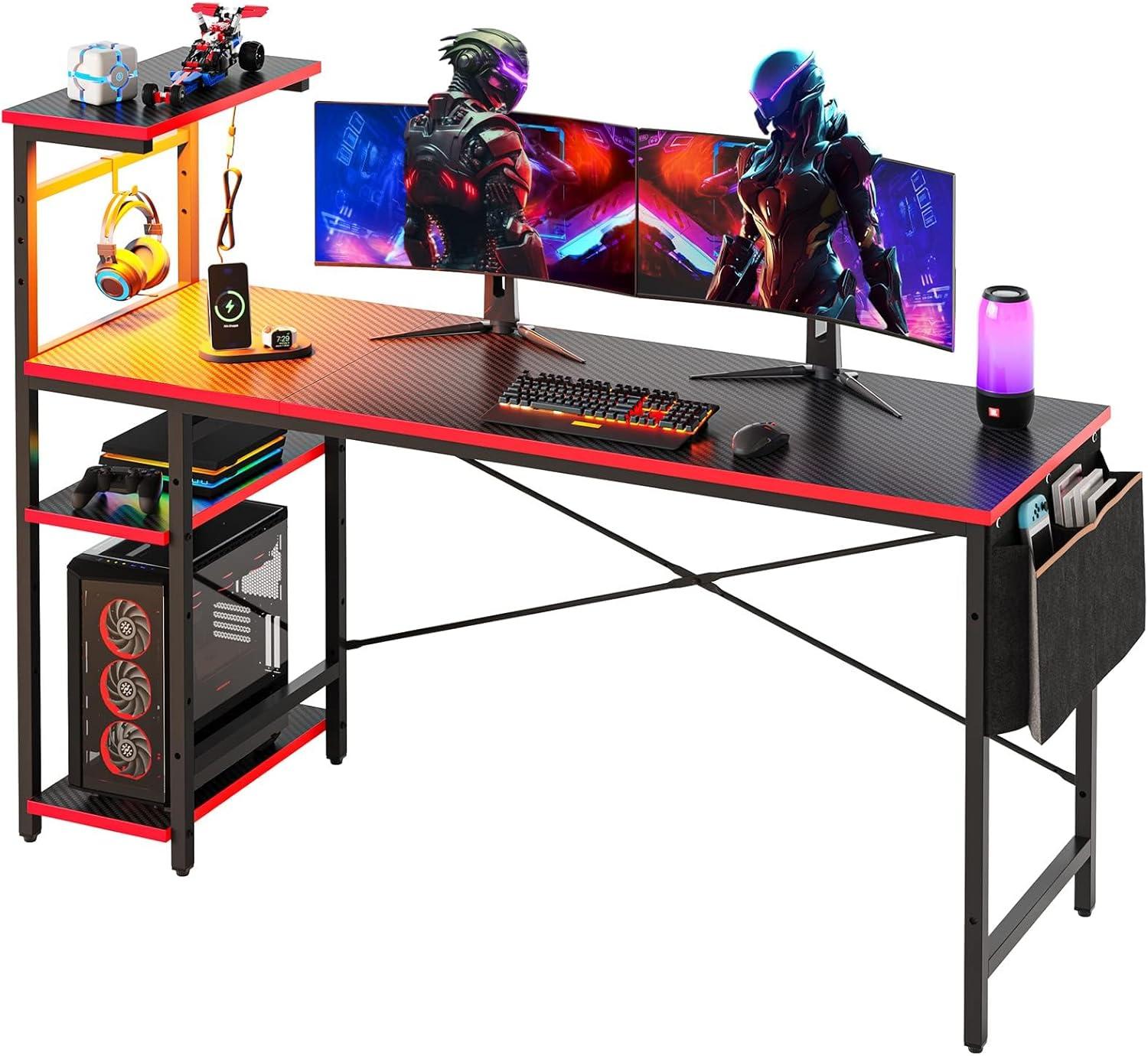 Bestier 61 Inch Black Carbon Fiber Gaming Desk with Shelves