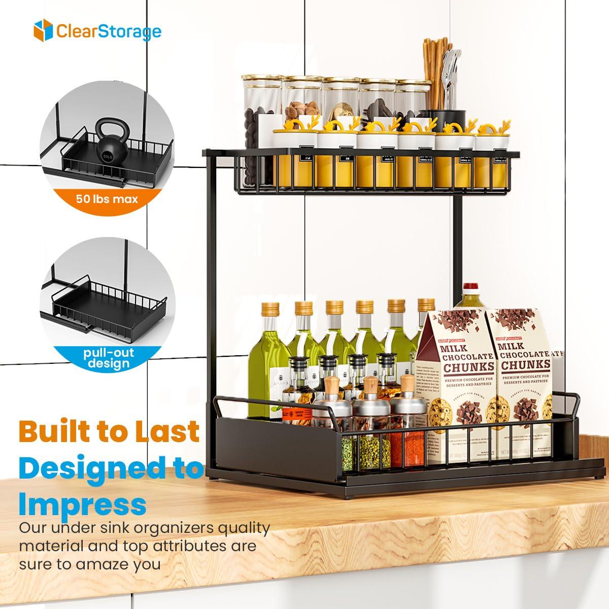 Under Sink Organizers and Storage, 2 Tier, L Shaped, Pull out sliding, Adjustable Under Sink Organizer for Kitchen Bathroom Cabinet Counter Organizer with Non-Slip Feet undersink organizer (BLACK)