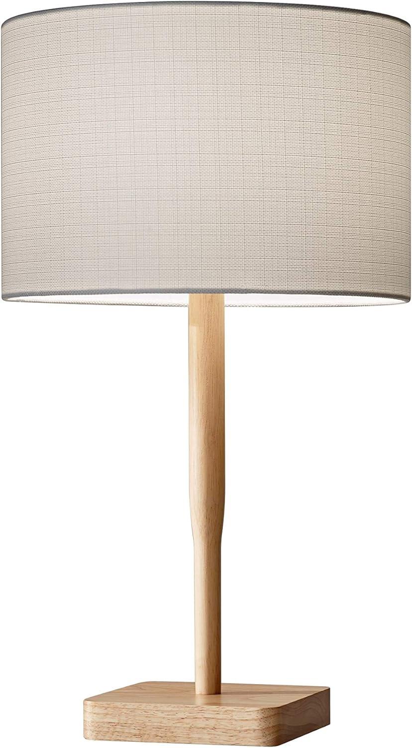 Natural Rubber Wood Table Lamp with Gray Drum Shade