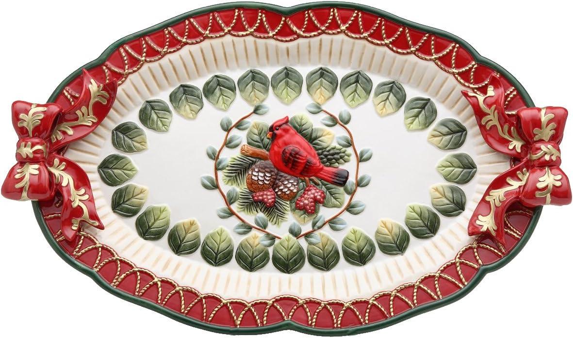 Kevins Gift Shoppe Ceramic Christmas Evergreen Holiday Robin Bird Tray