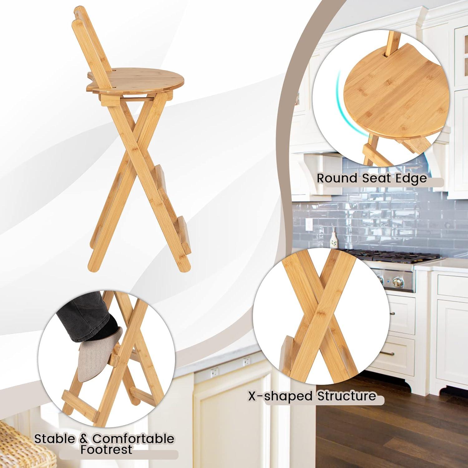 Costway Set of 2 Bamboo Folding Barstools Counter Height Dining Chairs Installation Free