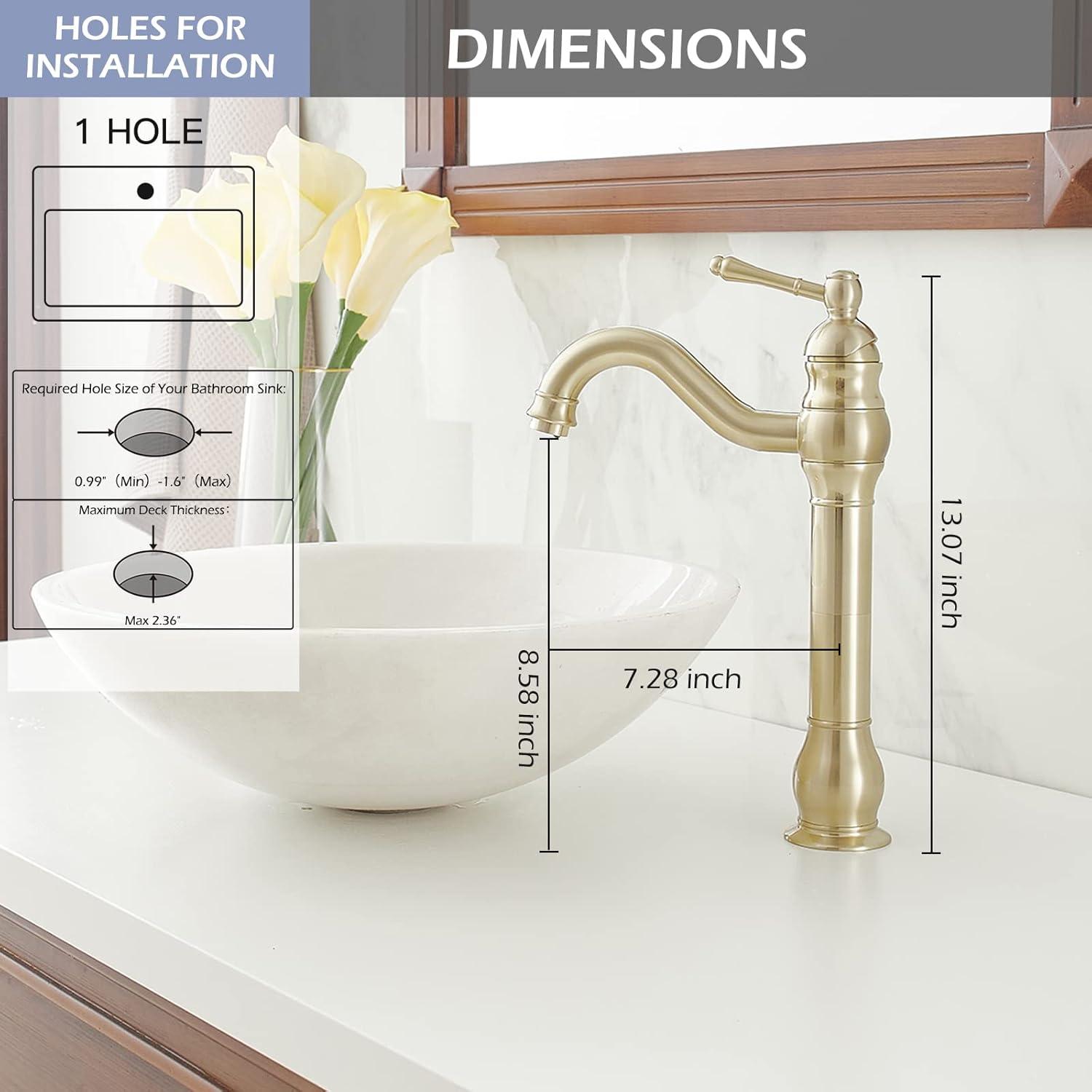 Bathroom Faucet GGStudy 360° Swivel Single-Handle One Hole Bathroom Vessel Sink Faucet Matching Pop Up Drain Brushed Gold Farmhouse Bathroom Vanity Faucet