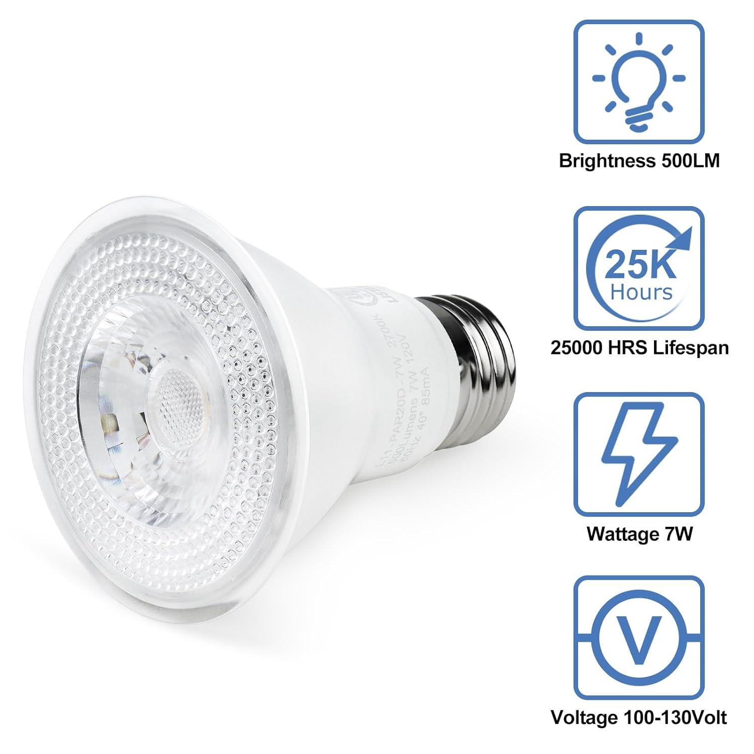 YGS-Tech PAR20 LED Bulb, 7W Dimmable Flood Light Bulbs (50W Equivalent), LED Spotlight Bulb, 3000K Warm White, 500 Lumens, E26 Base, Indoor/Outdoor - UL Listed, 10 Pack
