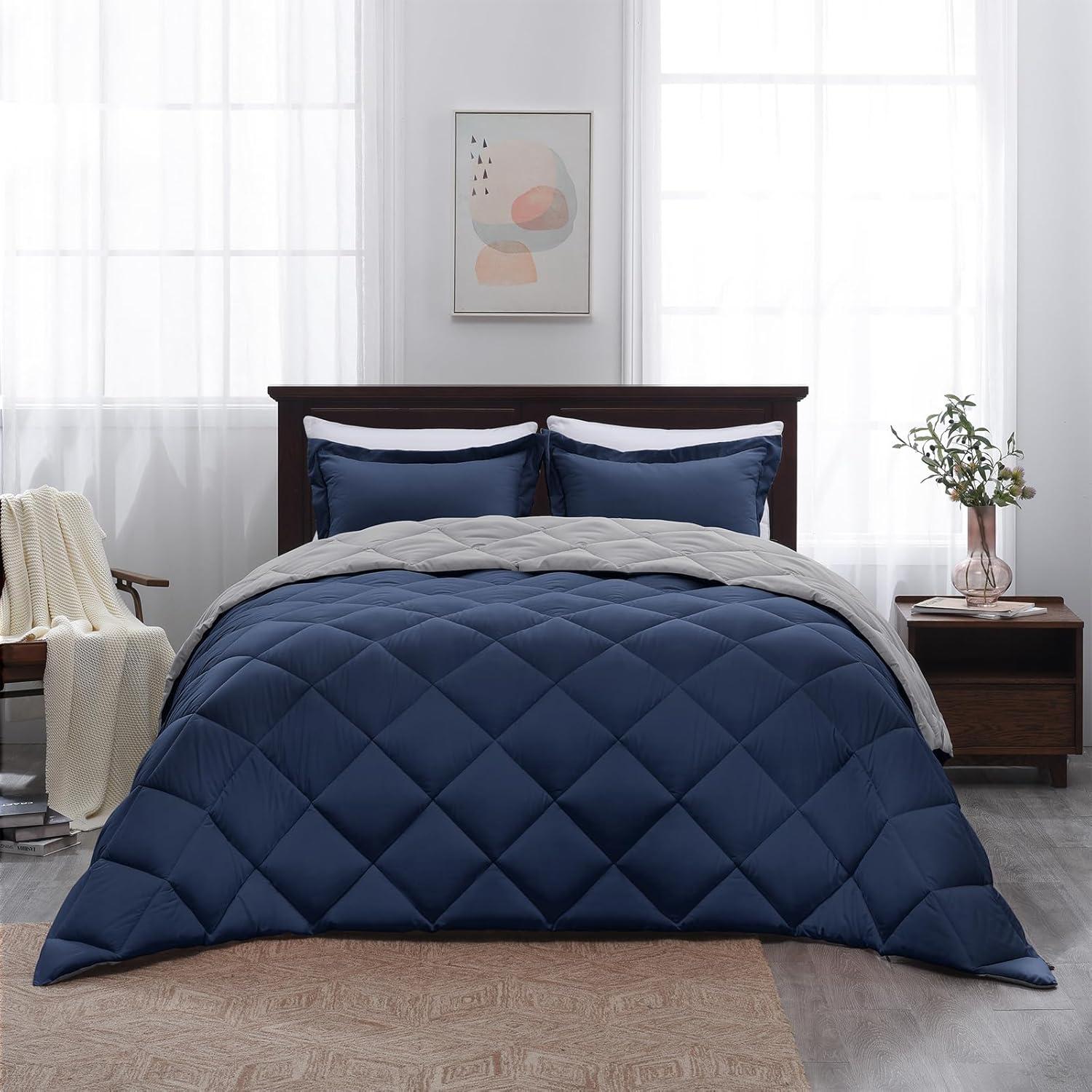 Navy and Light Gray Reversible Queen Microfiber Comforter Set