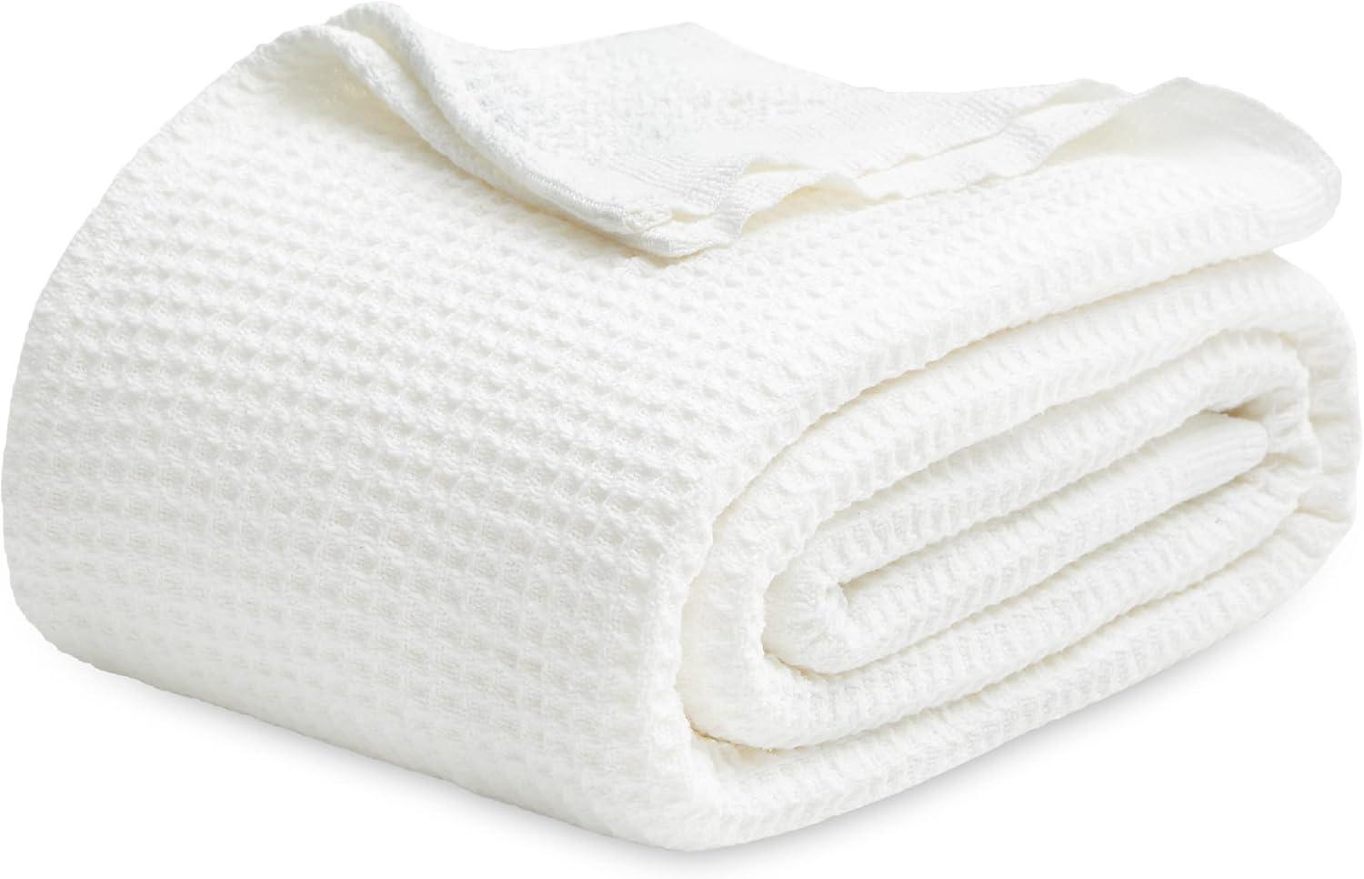 100% Cotton Blanket King Size for Bed - Waffle Weave Fall Blanket, Lightweight and Breathable Soft Woven Blanket for Summer, White, 104x90 inches