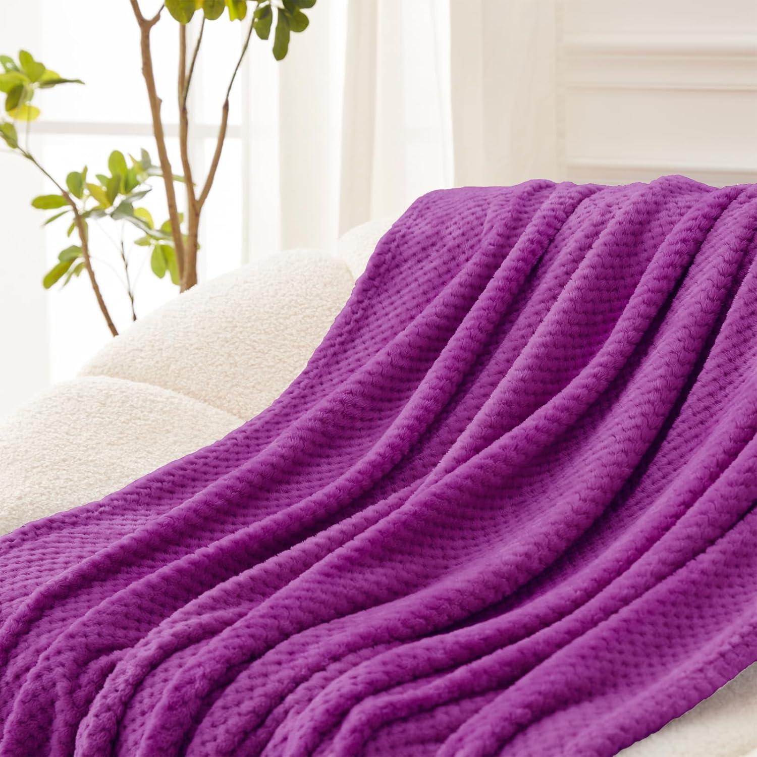 Exclusivo Mezcla Waffle Textured Extra Large Fleece Blanket, Super Soft and Warm Throw Blanket for Couch, Sofa and Bed (Purple, 50"x70")-Cozy, Fuzzy and Lightweight