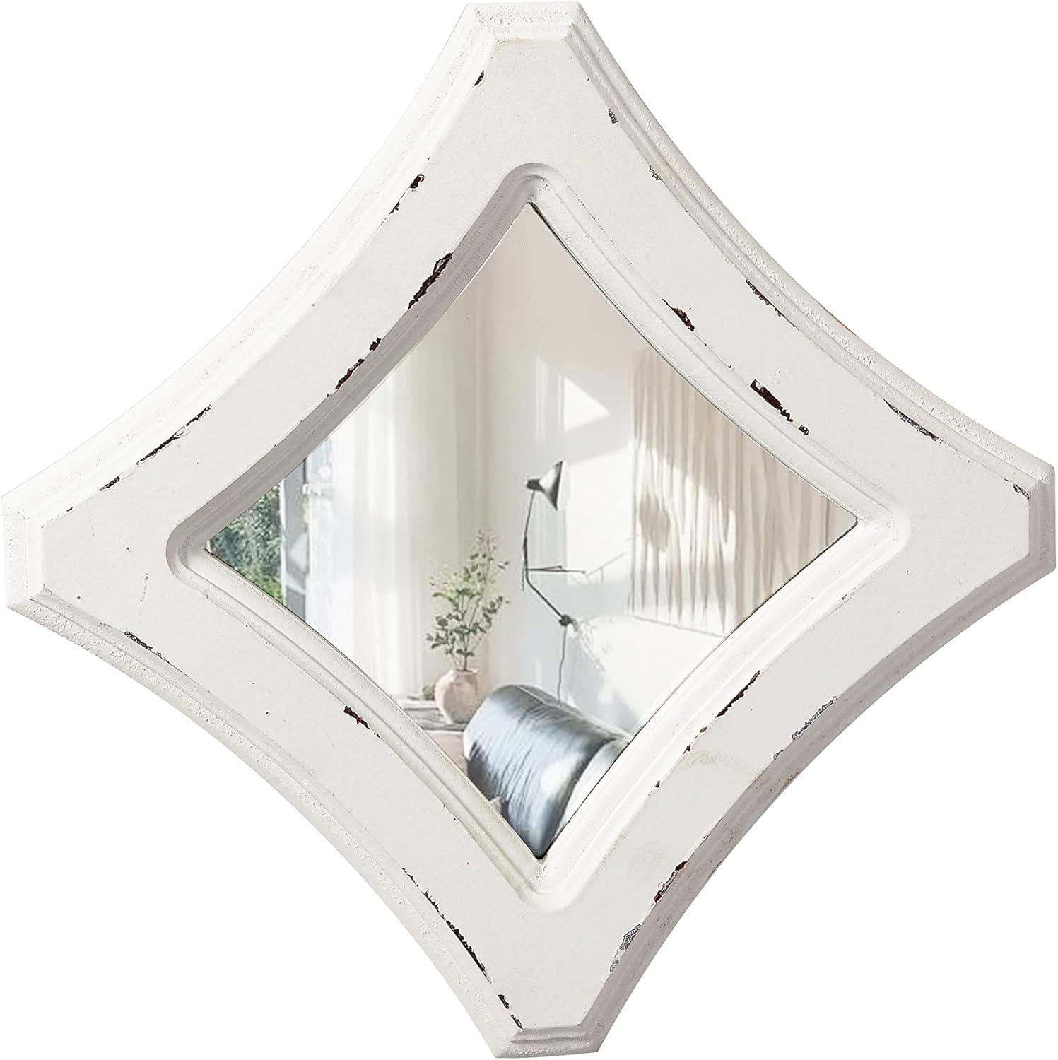 Distressed White Rhombic Wood Frame Wall Mirror