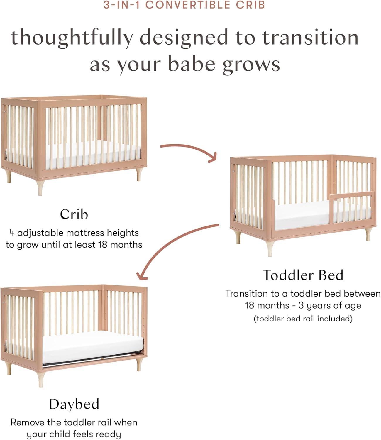 Babyletto Lolly Canyon Pink & Washed Natural Wood 3-in-1 Convertible Baby Crib with Toddler Bed Conversion Kit