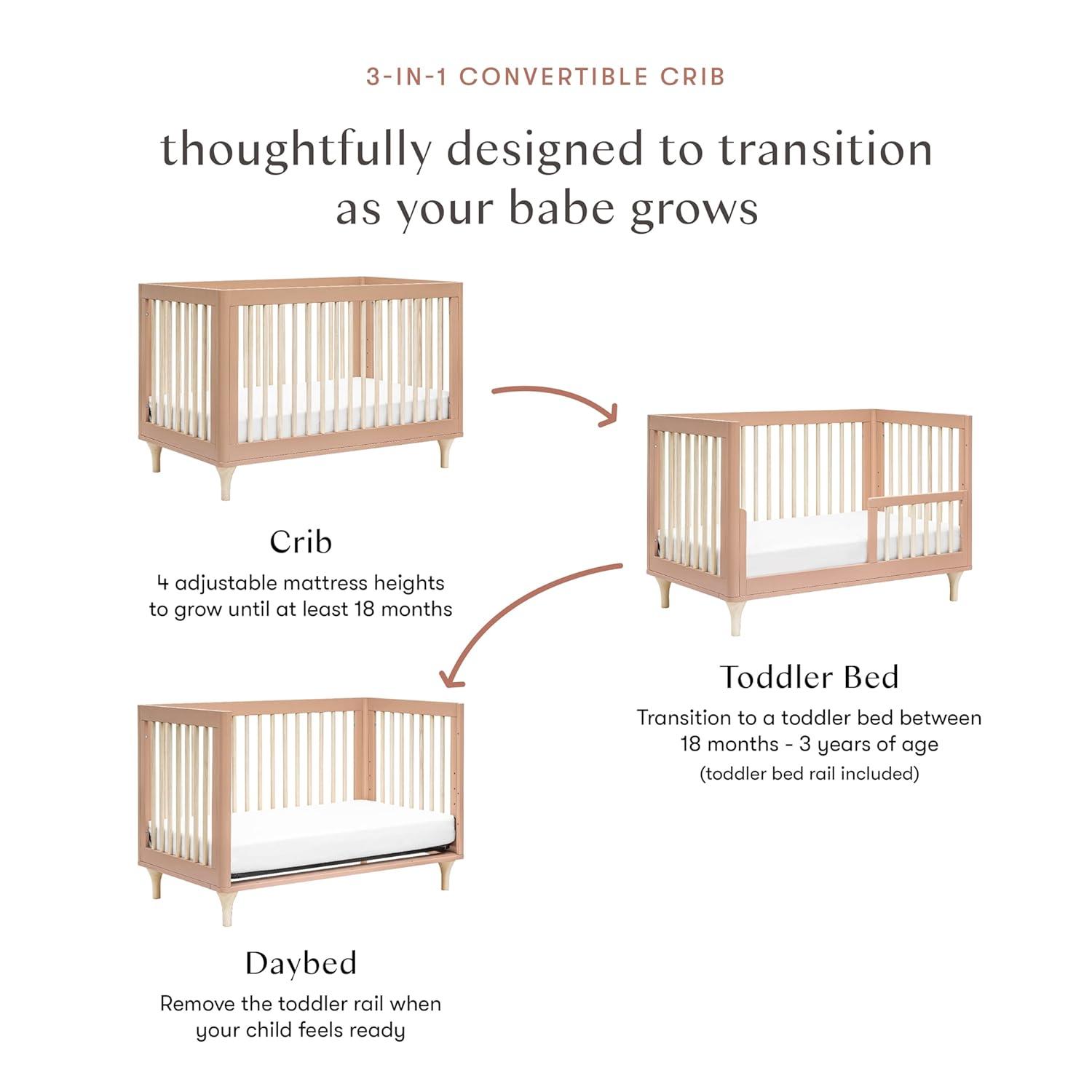 Babyletto Lolly Canyon Pink & Washed Natural Wood 3-in-1 Convertible Baby Crib with Toddler Bed Conversion Kit