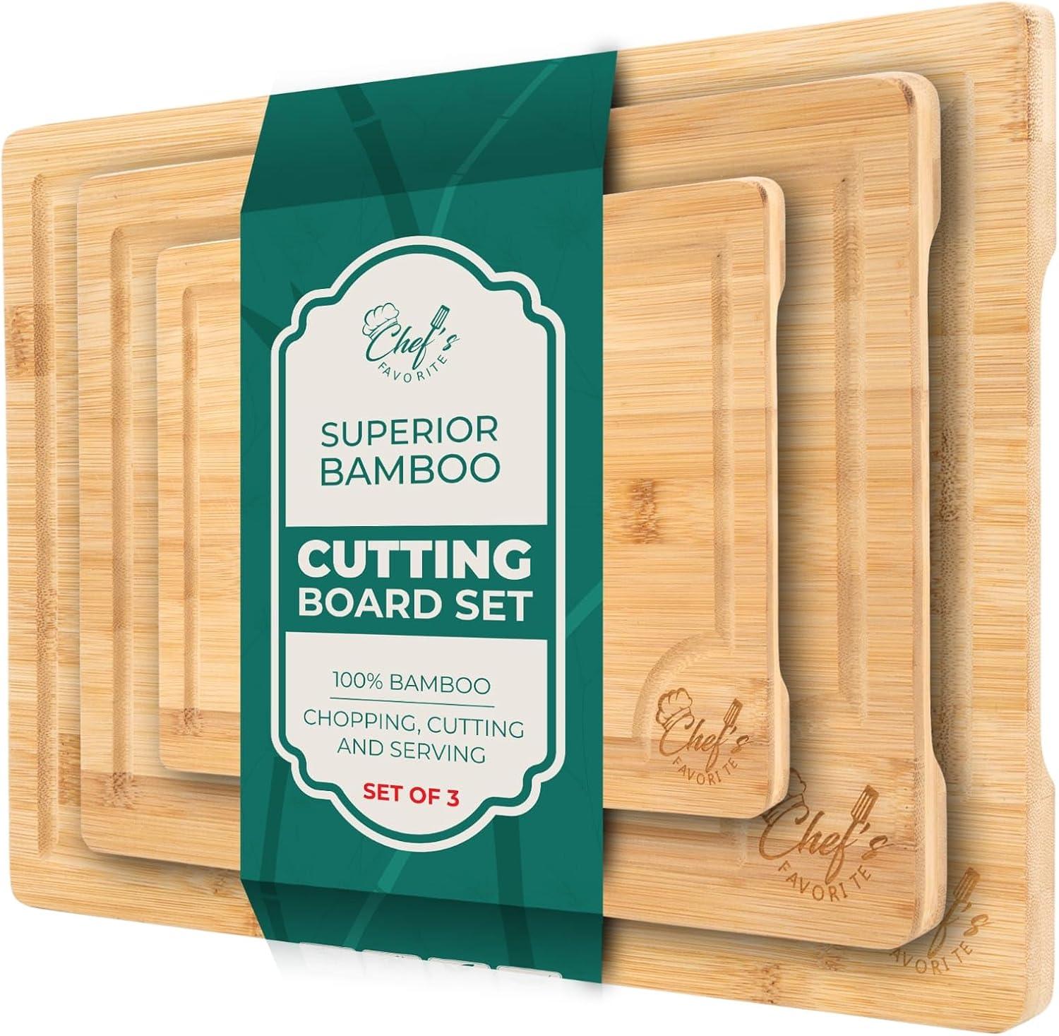 Bamboo Cutting Boards for Kitchen [Set of 3] Wood Cutting Board for Chopping Meat, Vegetables, Fruits, Cheese, Knife Friendly Serving Tray with Handles