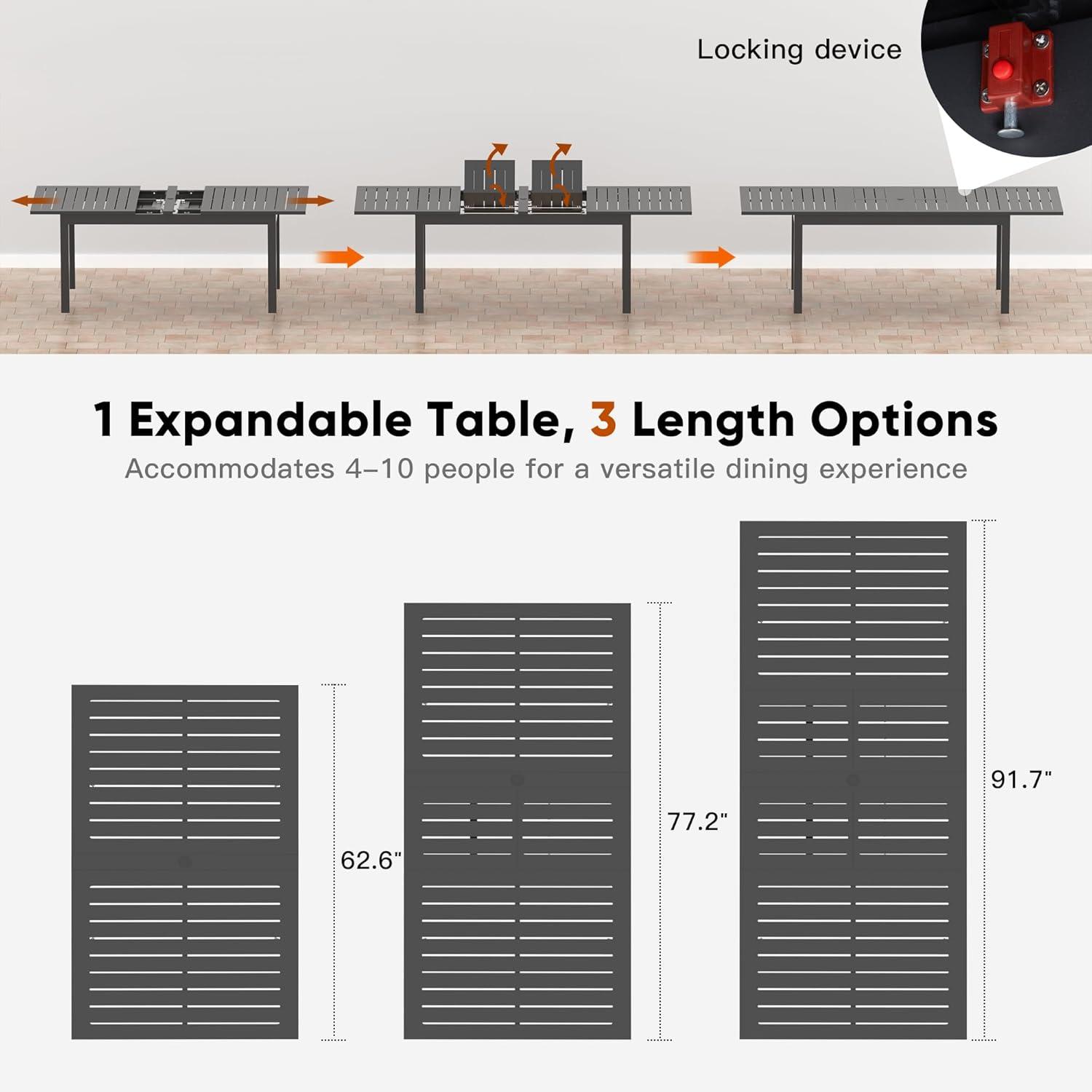 Superjoe Patio Expandable Table Dining Set for 4 to 10, Aluminum Outdoor Dining Table, Rectangular Patio Metal Table with Umbrella Hole for Backyard Porch, Deck ＆ Garden, Easy Assembly, Dark Grey