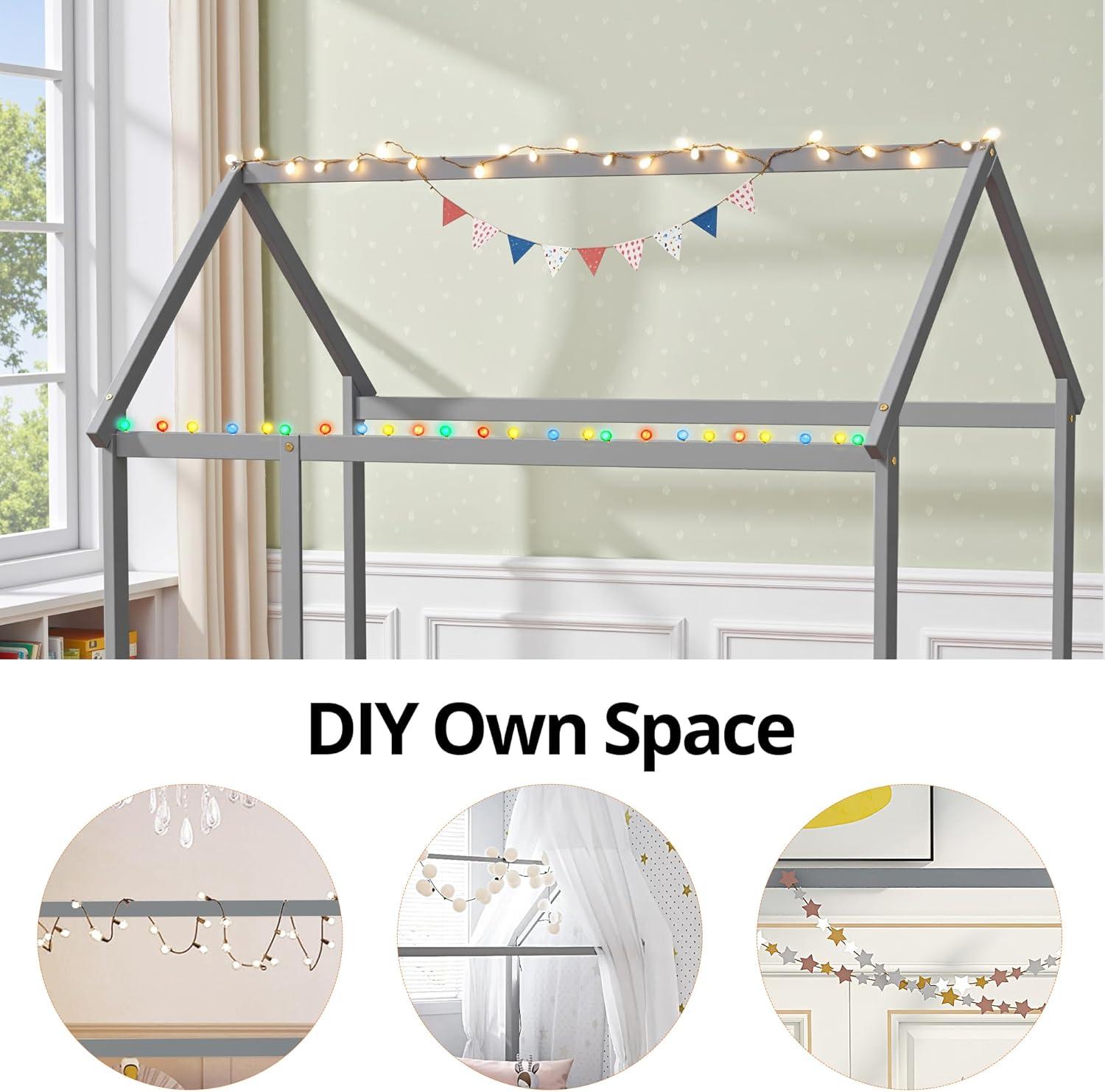 Twin Floor Bed for Kids, Wooden House Bed Frame with Roof, Fence Guardrails, Montessori Bed for Toddlers Girls Boys, Gray