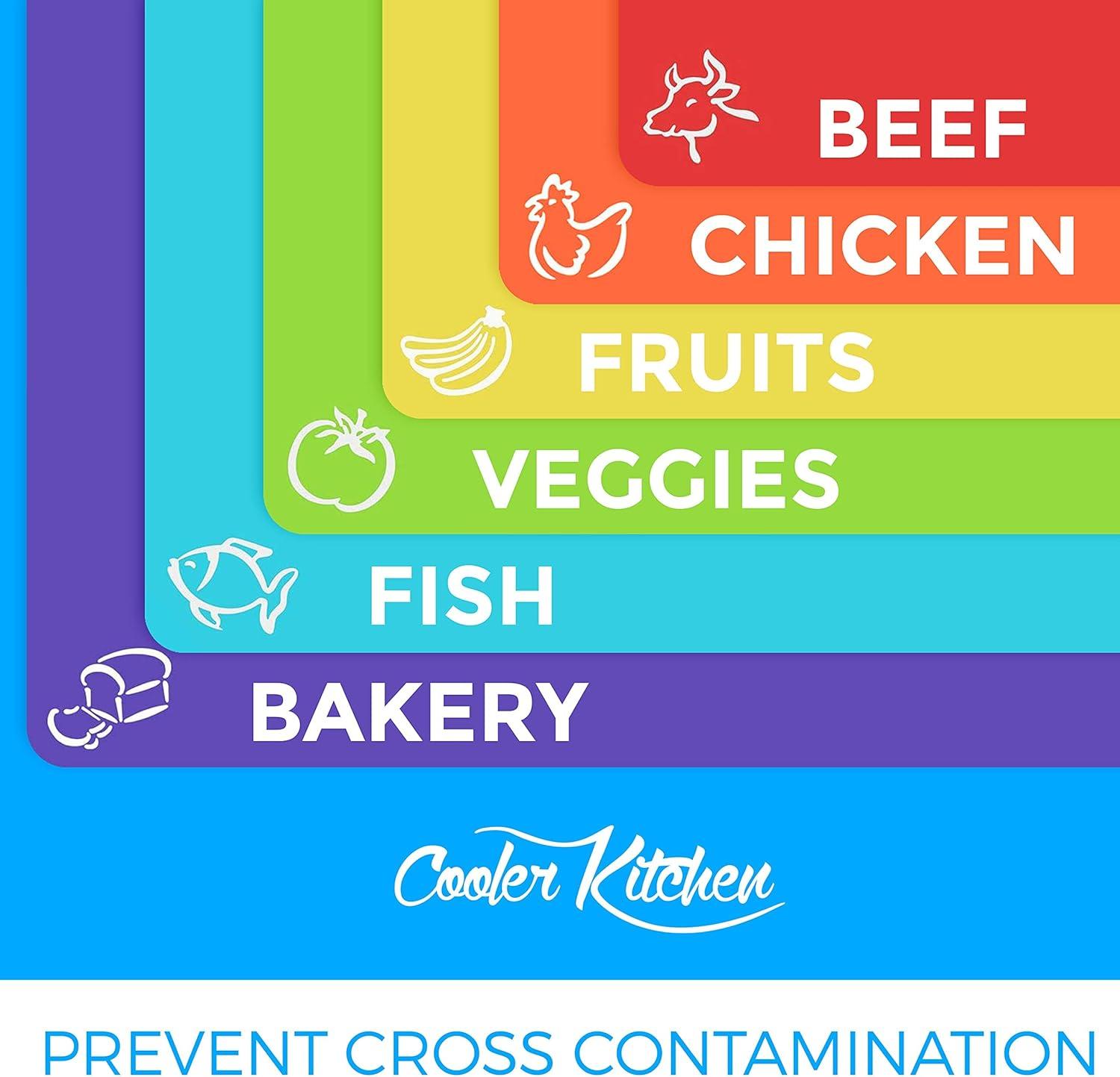Tabla de Cortar de Madera de Bambú Fácil de Limpiar con Juego de 6 Tapetes de Corte Flexibles Codificados por Colores con Iconos de Comida - Juego de Tabla de Cortar