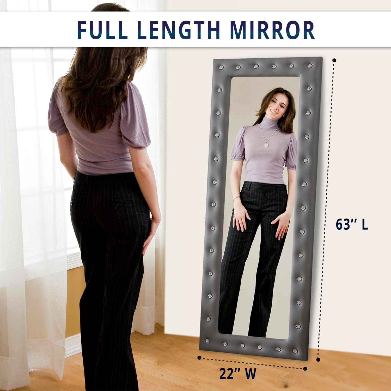 Naomi Home Crystal Tufted Floor Mirror Full Length, 63" LX22 W Wall Mirror, Standing Mirror,Wall Mirror with Faux Wood Frame, Full Length Mirrors for Bedroom - Gray