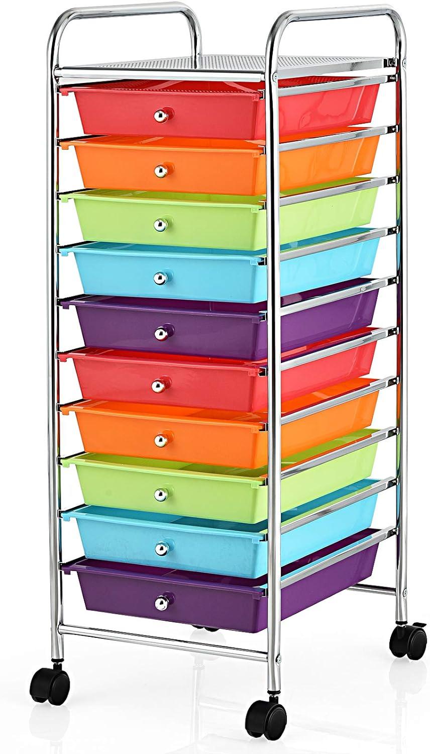 10 Drawer Rolling Storage Cart Plastic Utility Craft Cart with Drawer and Wheels MultiColor