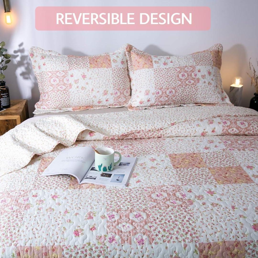 Twin Pink Microfiber Floral Patchwork Quilt Set