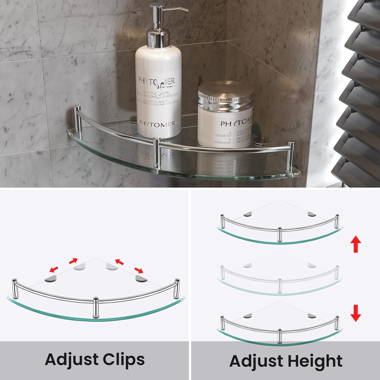 Tempered Glass Corner Shower Shelf with Stainless Steel Rail