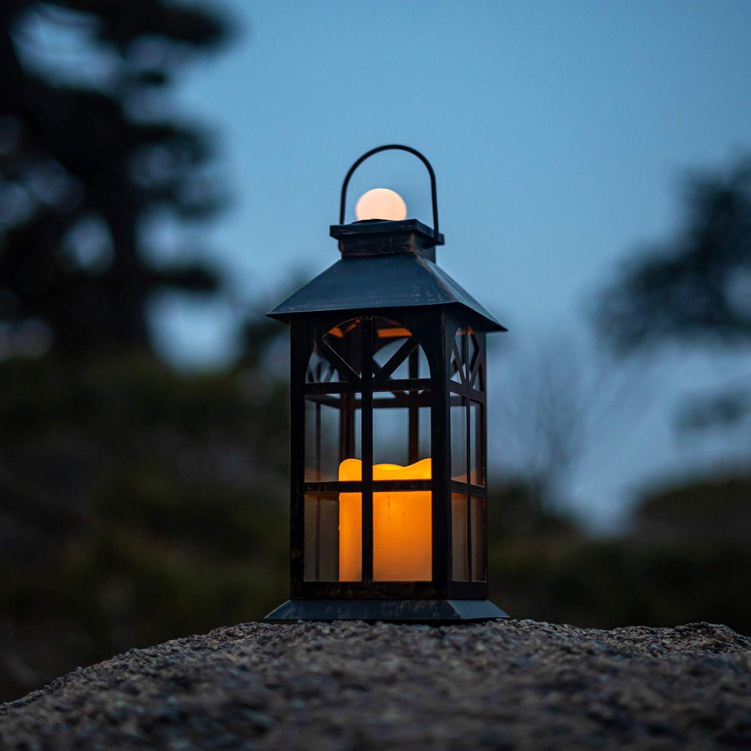 Bronze Antique Solar-Powered LED Lantern with Glass Panels