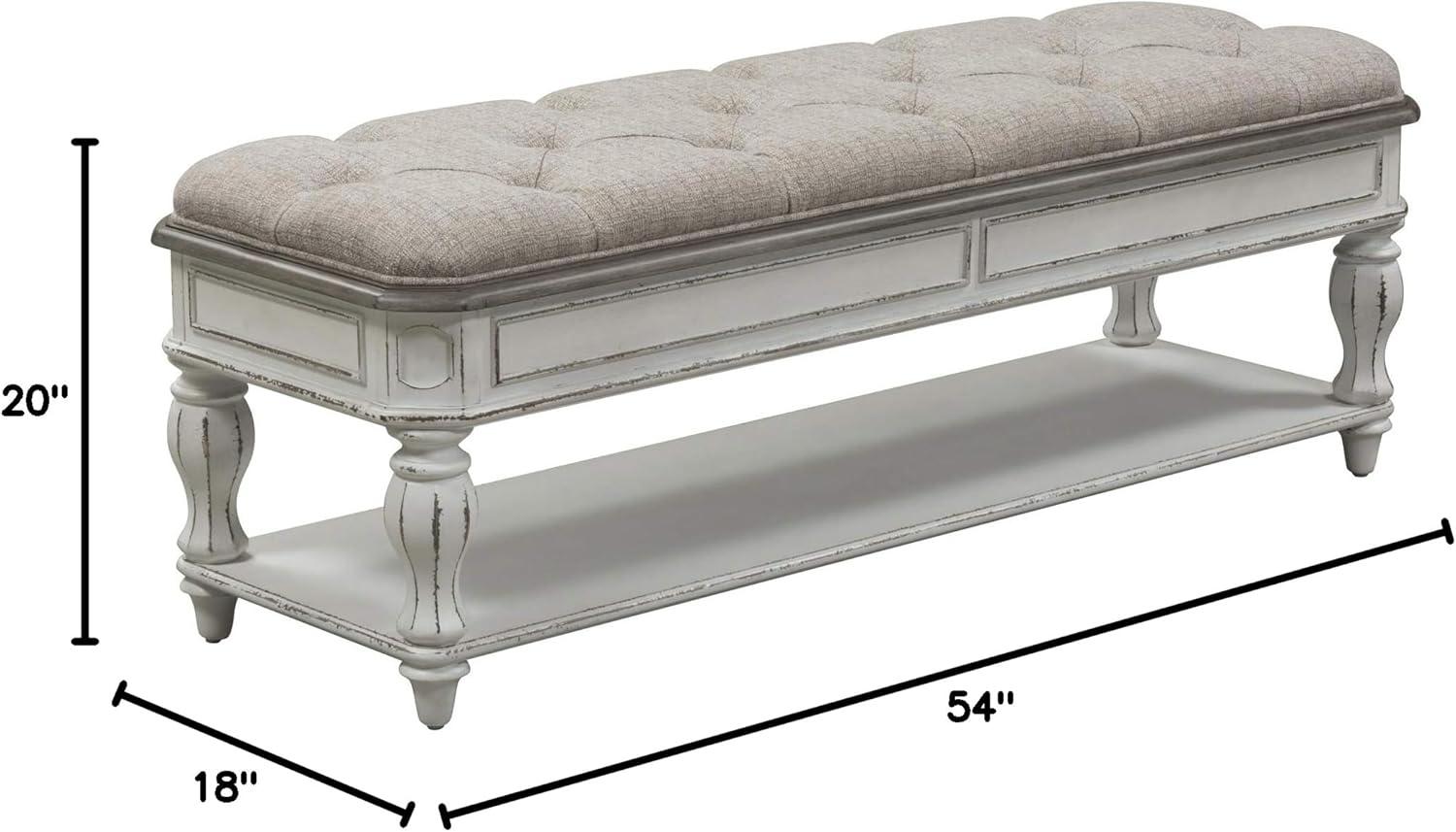 Antique White Upholstered Bedroom Bench with Storage Shelf