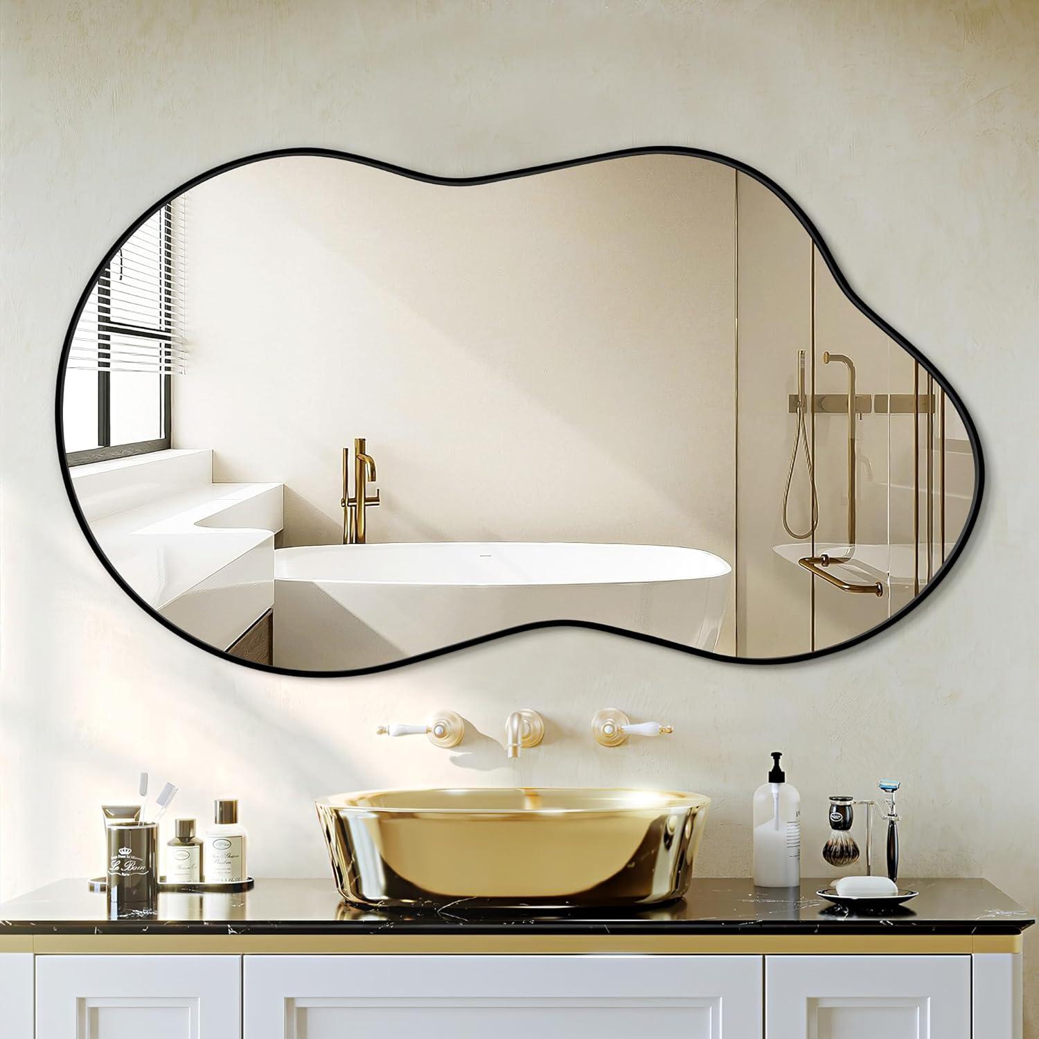 Funtouch Irregular Wall Mirrors 24"x 36" Cloud Shaped Mirrors for Bathroom, Aluminum Alloy Frame Black